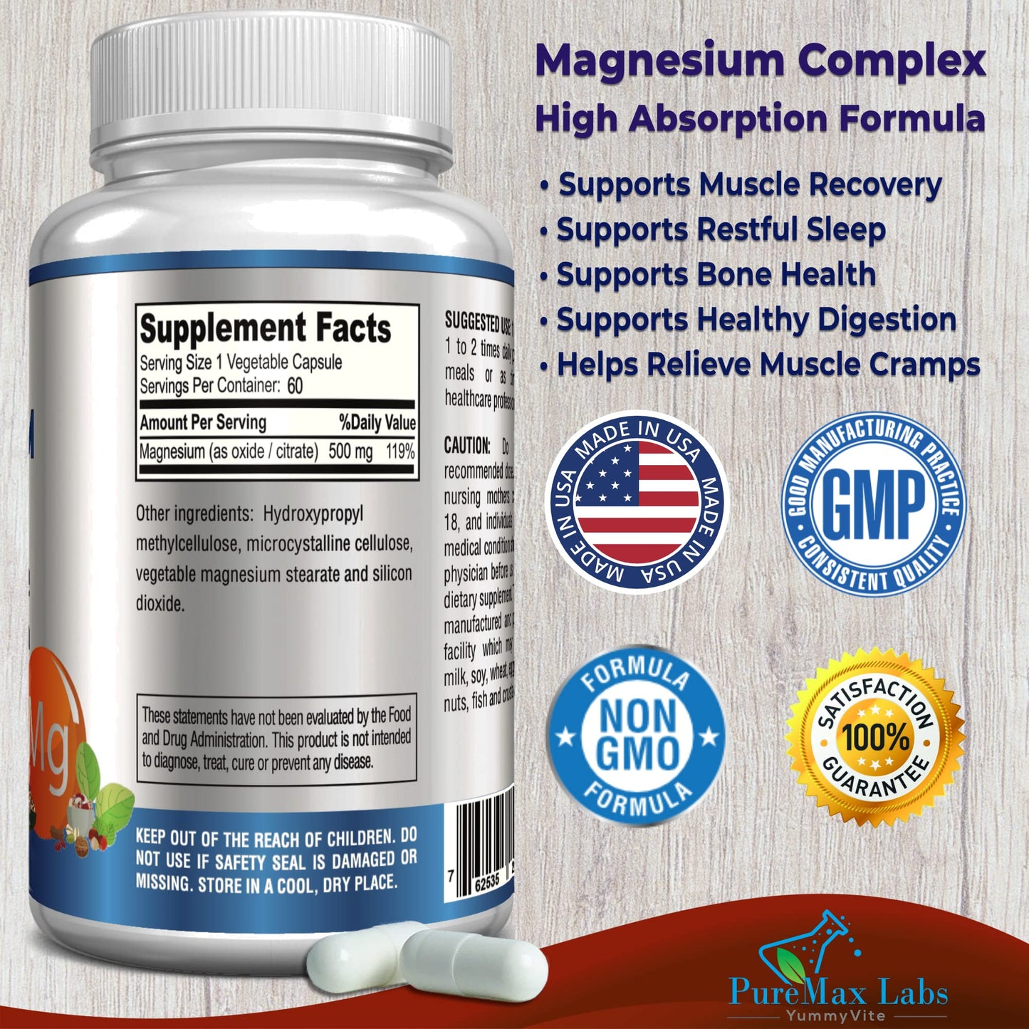 YUMMYVITE Magnesium Citrate Complex 500mg Capsules, 60 Count