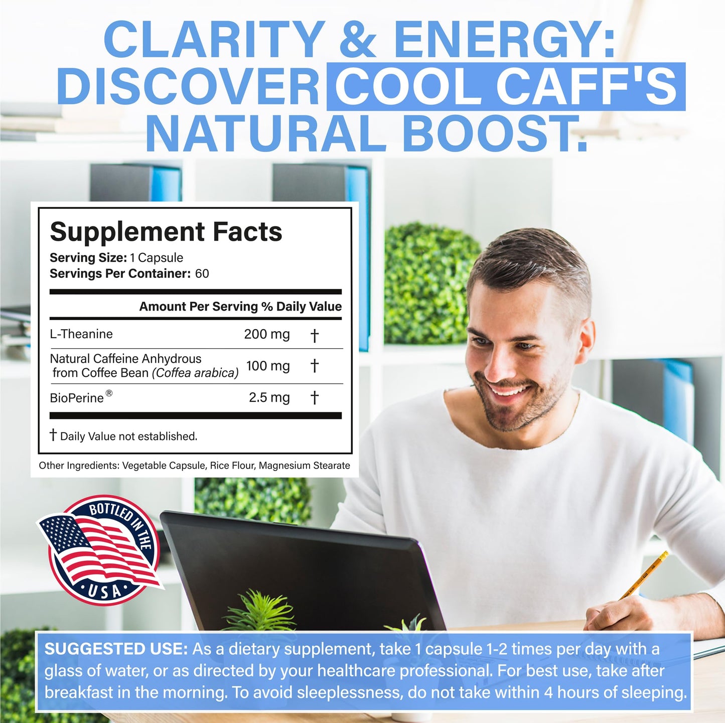 Avenir Nutrition Cool Caff Energy Supplements, L-Theanine and Caffeine - Energy Boost and Focus - Pre Workout for Women and Men, Coffee Alternative, 60 Capsules