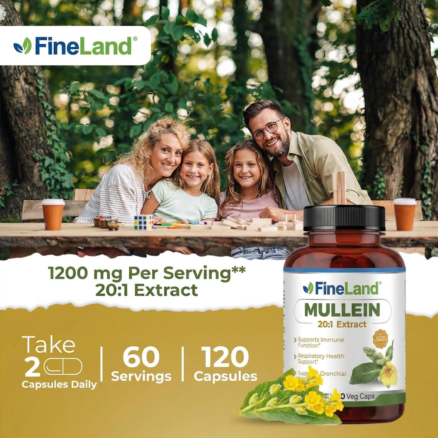 FineLand Mullein Extract Lung Cleanse & Respiratory Support Supplement, 120 Vegan Capsules