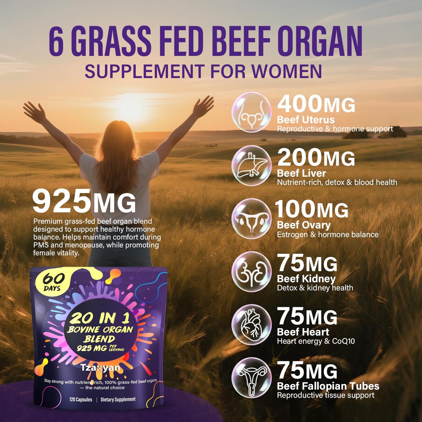 tzaxyan 20-In-1 Beef Organ Supplement for Women Capsules 120 Count