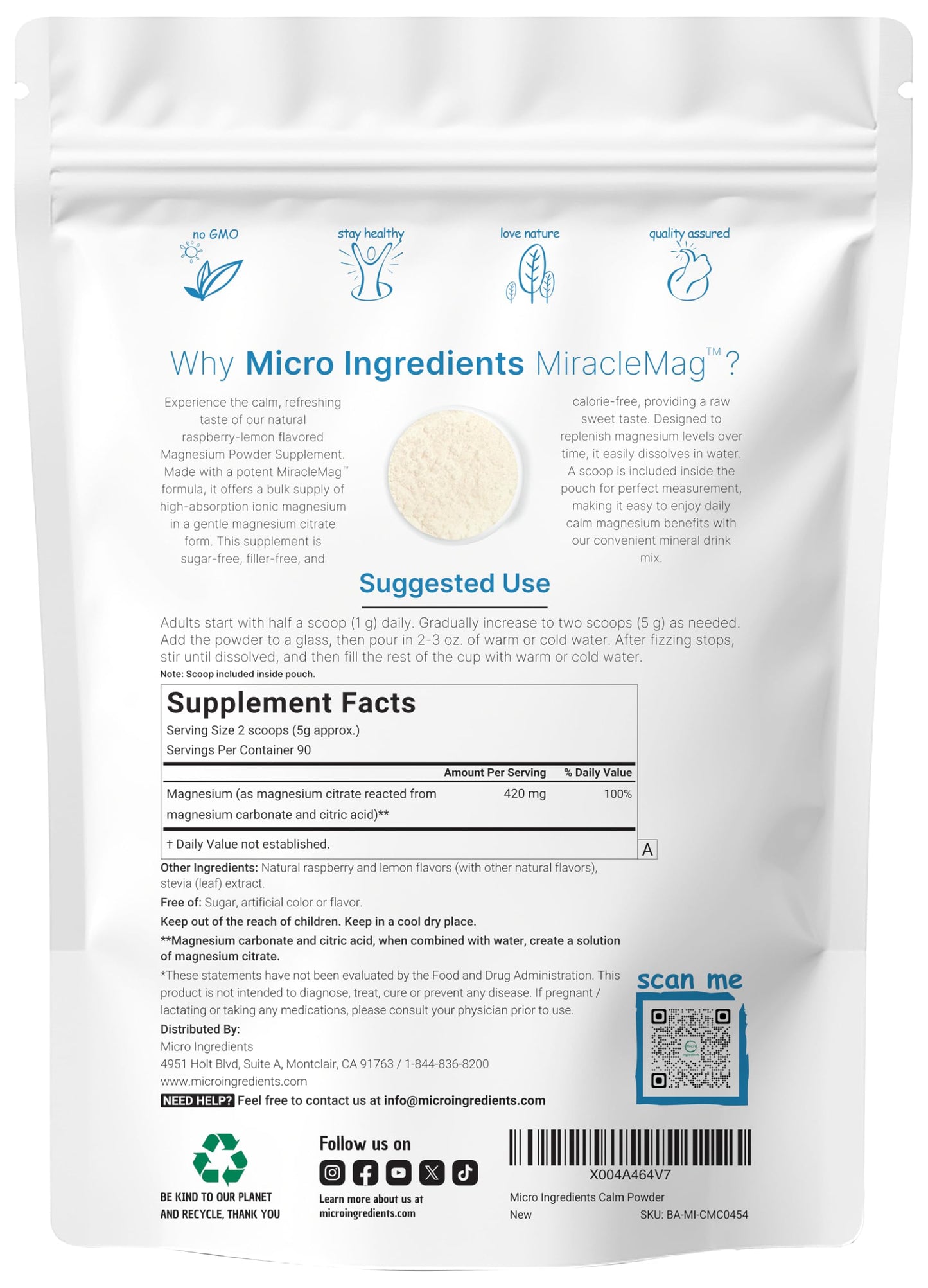 Micro Ingredients MiracleMag Calm Magnesium Powder, 16 Ounces