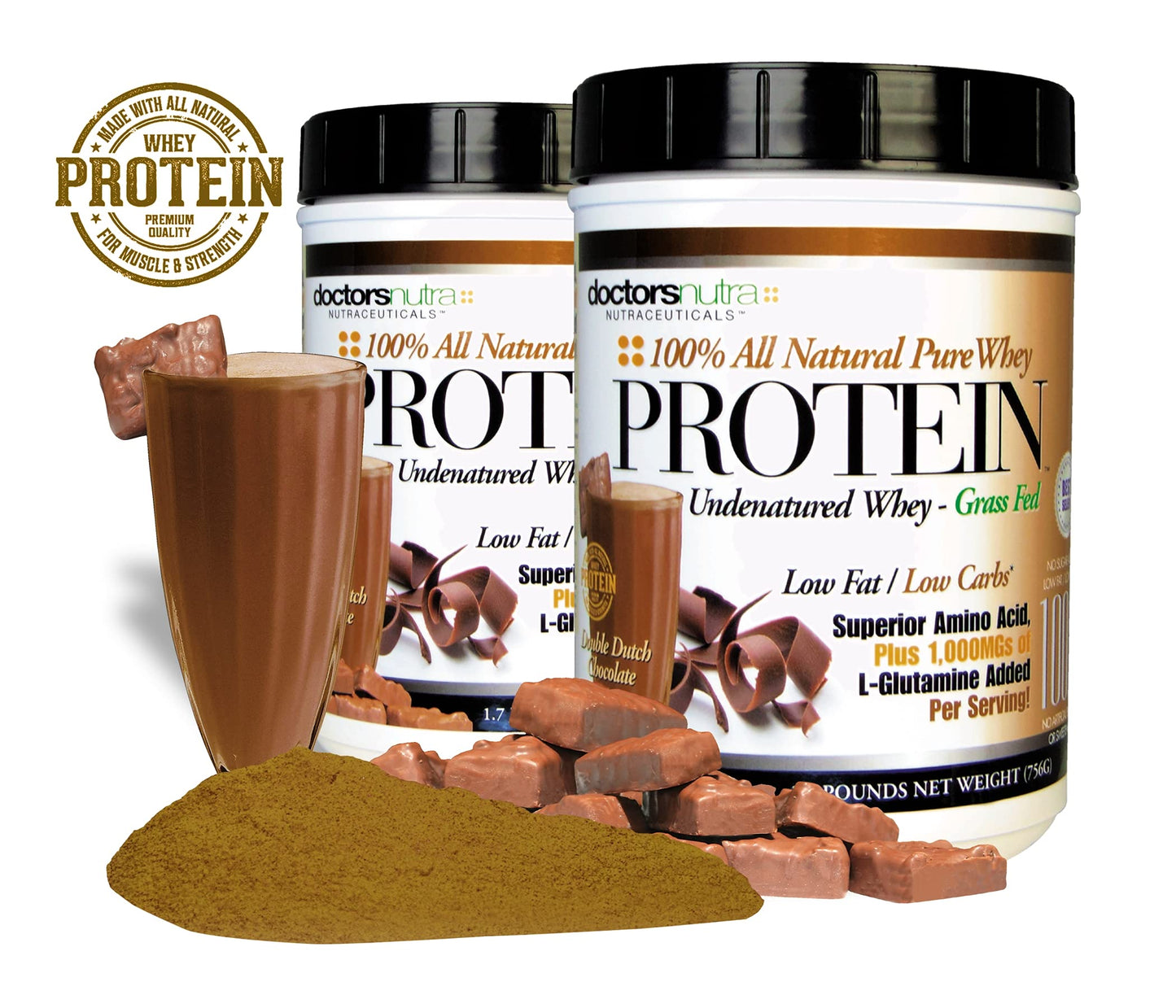 Doctors Nutra Nutraceuticals Pure Grass Fed Whey Protein Powder, Double Dutch Chocolate Flavor, Ultrafiltered, Low Carb, No Artificial Sweeteners or Flavors, with BCAAs and 1000 mg L-Glutamine, 1.7 Pound