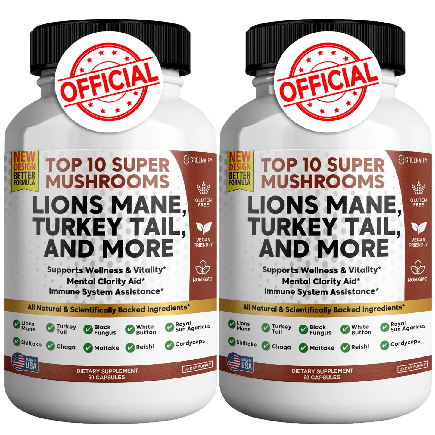 GREENVIFY Lions Mane 10 Super Mushrooms Supplement - Lions Mane, Reishi, Cordyceps, Shiitake Extracts, 120 Capsules