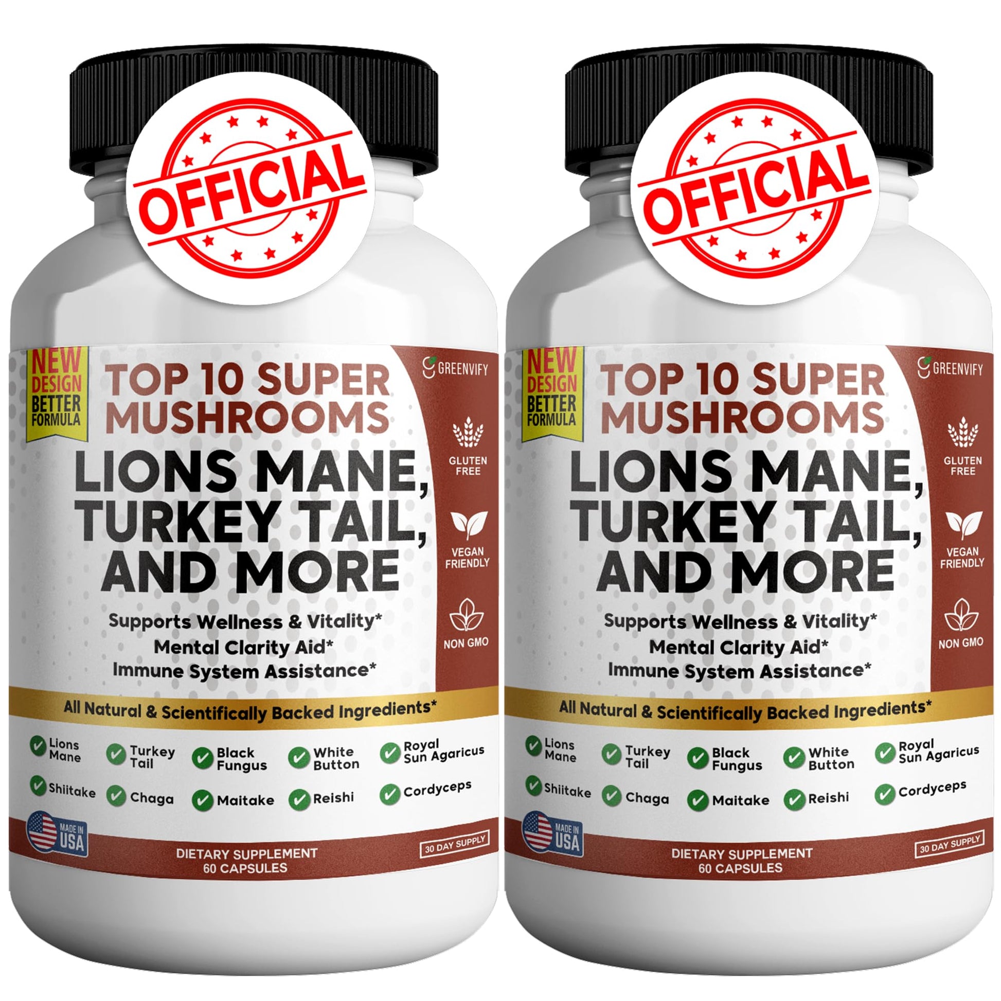 GREENVIFY Lions Mane 10 Super Mushrooms Supplement - Lions Mane, Reishi, Cordyceps, Shiitake Extracts, 120 Capsules