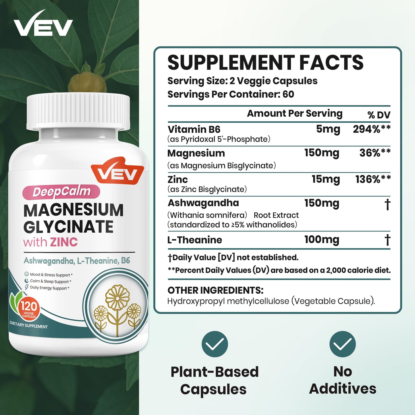 VEV Deep Calm Magnesium Glycinate and Zinc Supplement with Vitamin B6, Ashwagandha & L-Theanine Capsules 120