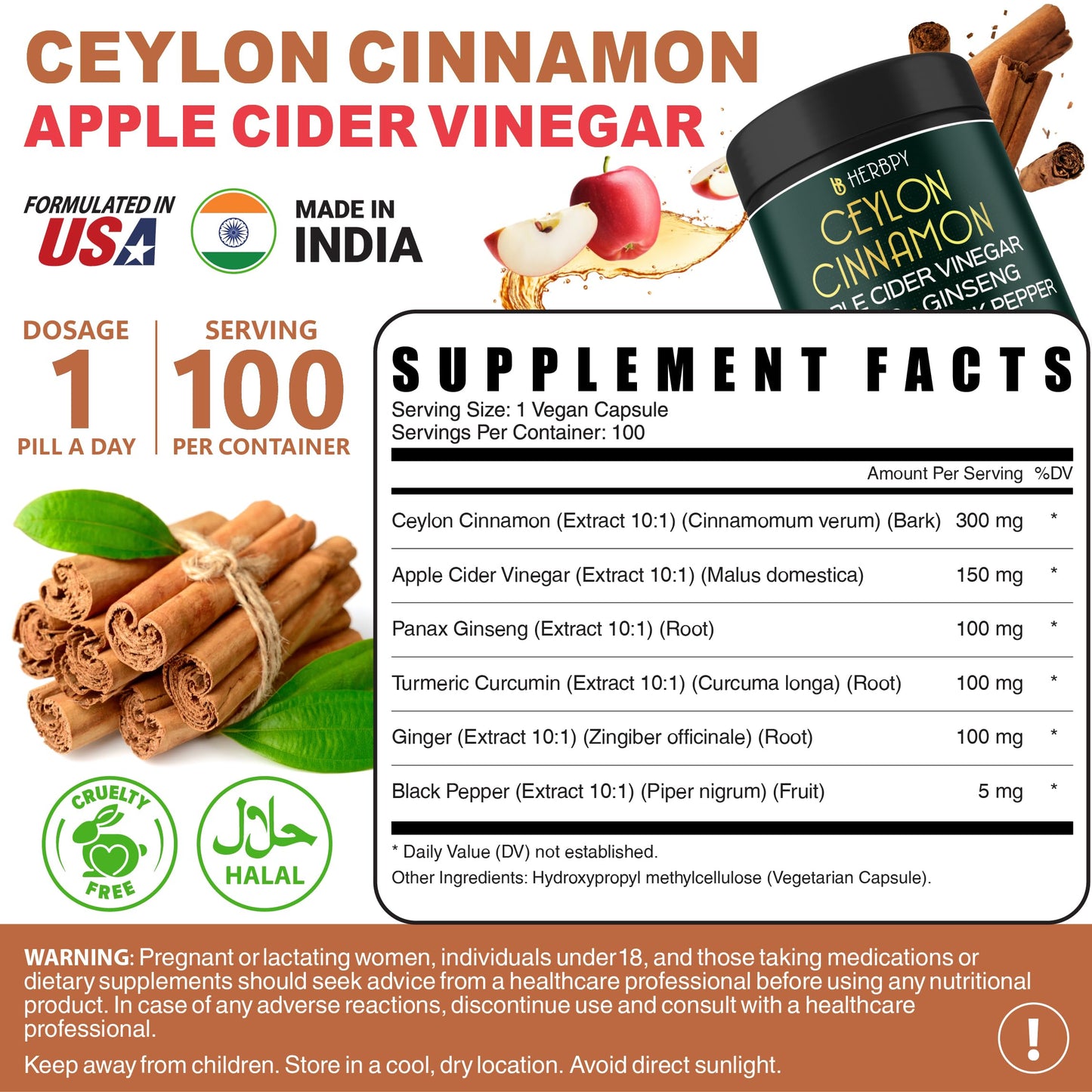 Herbpy 6in1 Premium Ceylon Cinnamon Supplement Plus Apple Cider Vinegar, Turmeric, Ginger, Ginseng Capsules 100 Count
