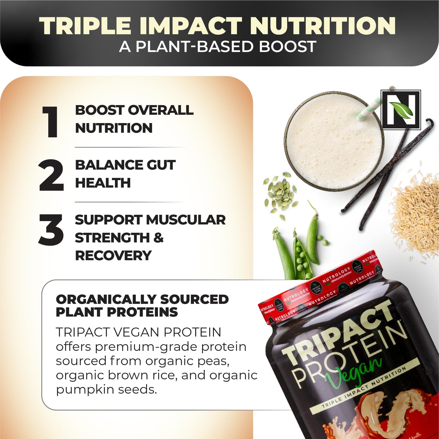 Nutrology TRIPACT Vegan Protein Peanut Butter Vanilla Flavor Powder, 20 Servings