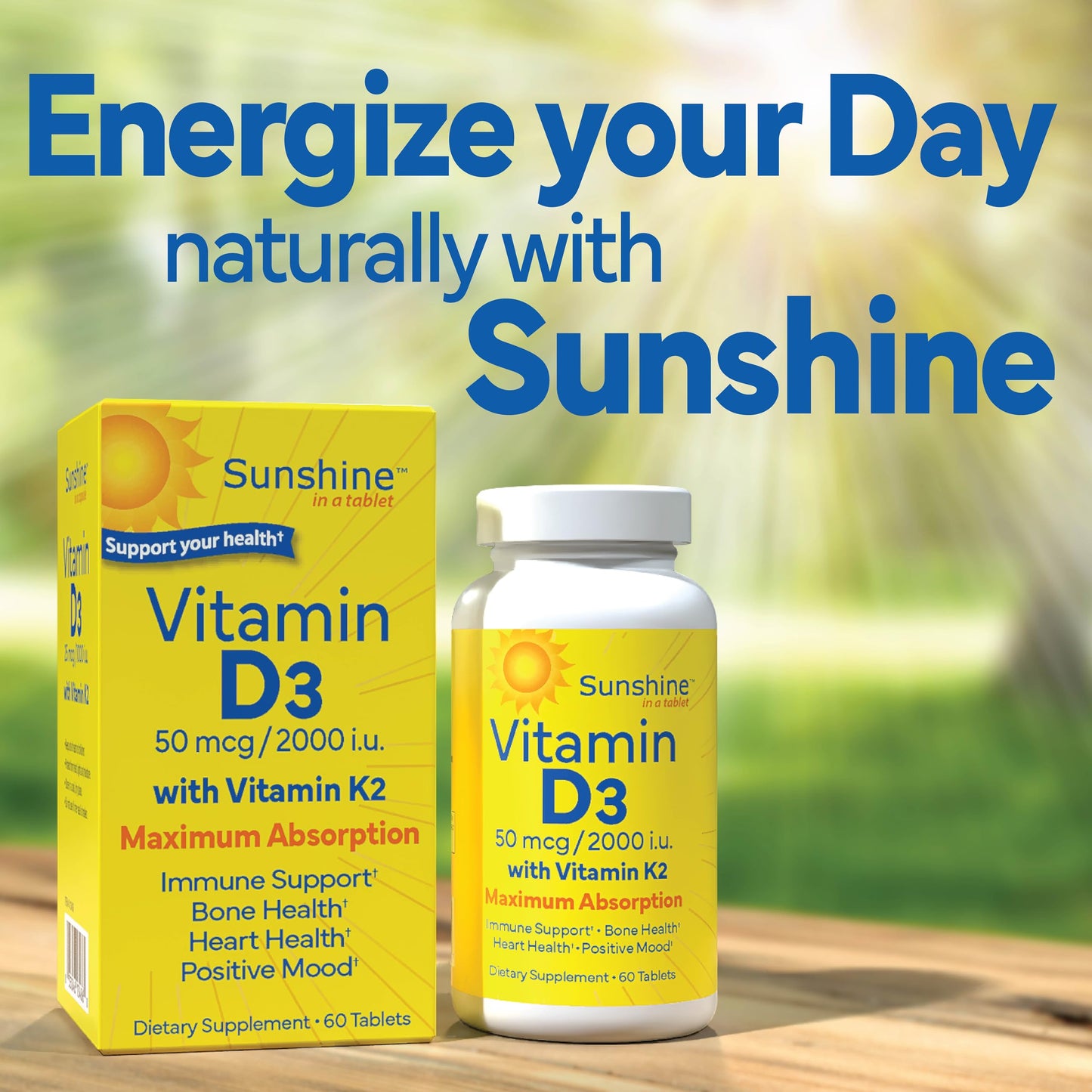 Sunshine Vitamin D3 with Vitamin K2 2000 IU (K2 100 mcg), 60 Tablets