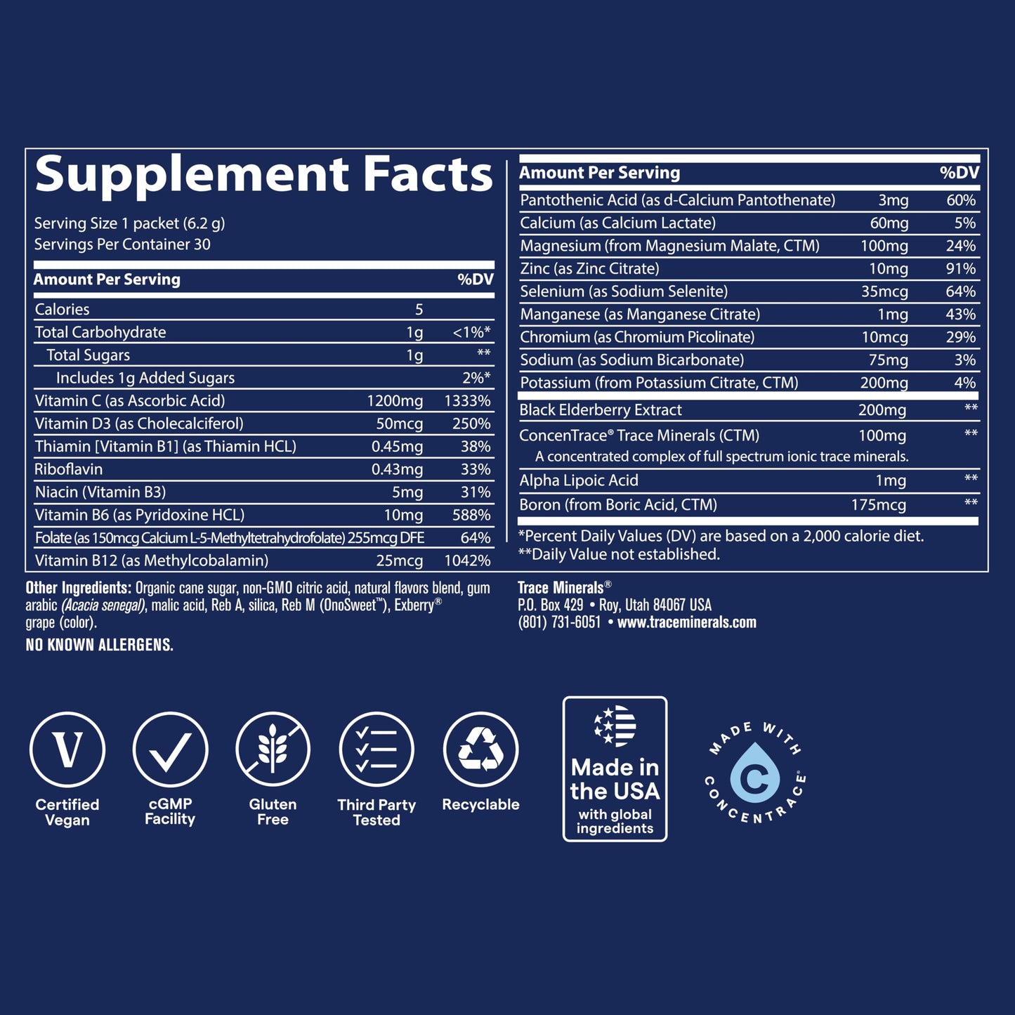 Trace Minerals Power Pak Immunity Powder Packets, Vitamin C 1200 mg, Lemon Berry Flavor, Electrolyte Support, 30 Packets