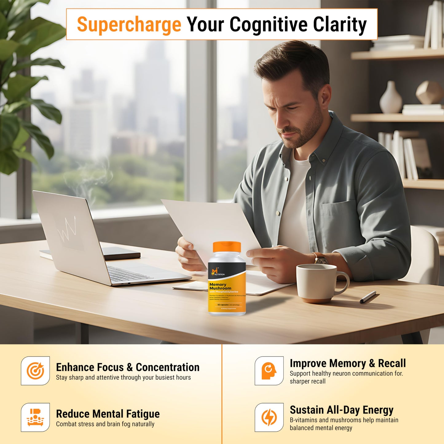 M NUTRITION Memory Mushroom + with Phosphatidylserine, Lions Mane, Turkey Tail, B Vitamins & Black Pepper Brain & Focus Support Supplement, 60 Capsules