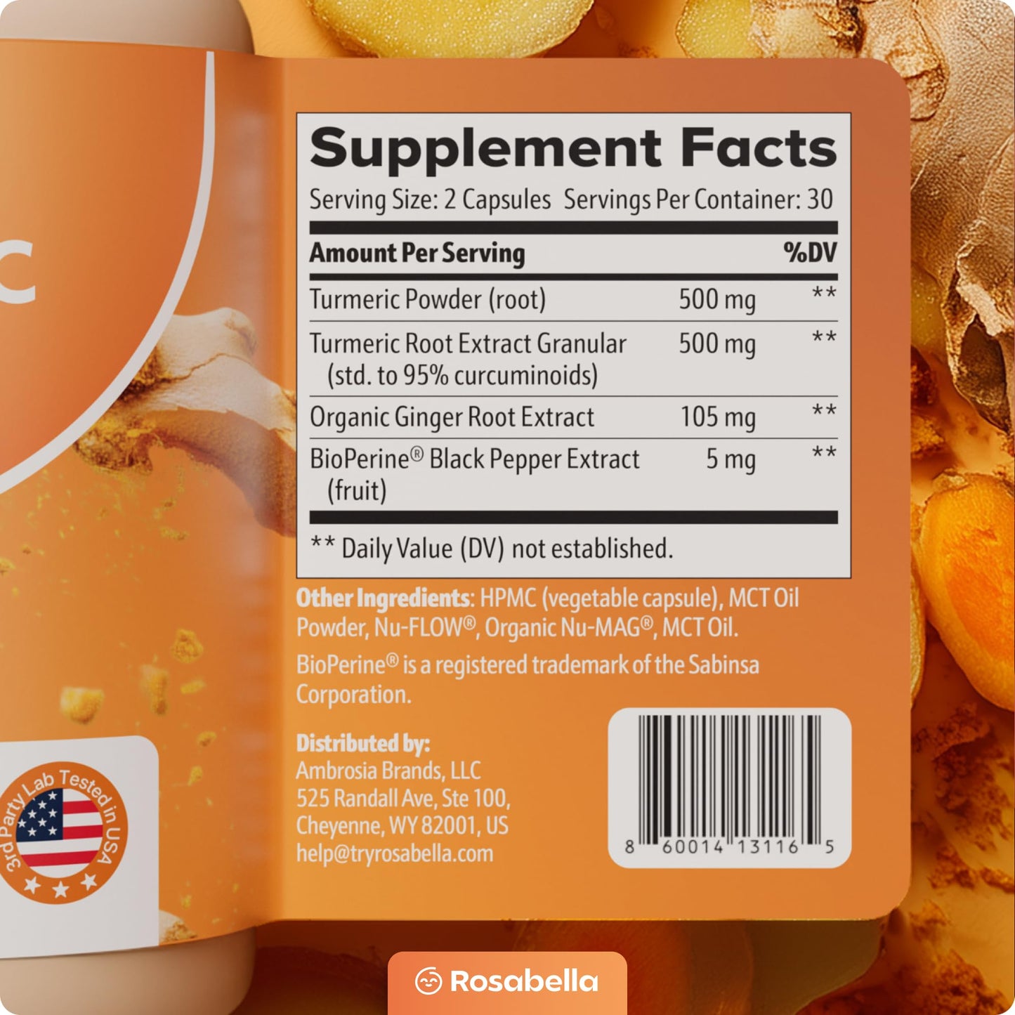 Rosabella Turmeric Curcumin Supplement Capsules, 60 Count