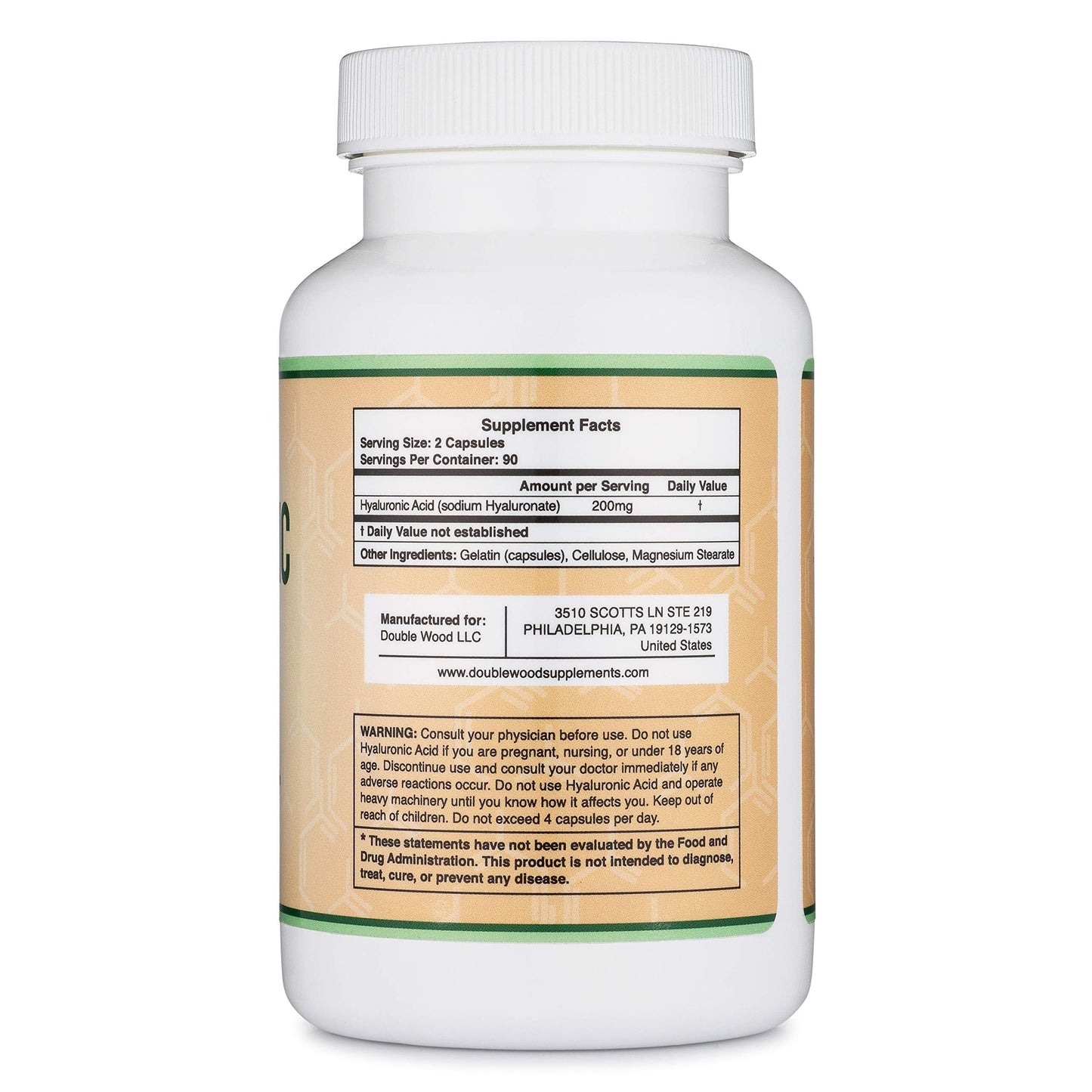 Double Wood Supplements Hyaluronic Acid 100mg/Cap (200mg Serving) Capsule 180