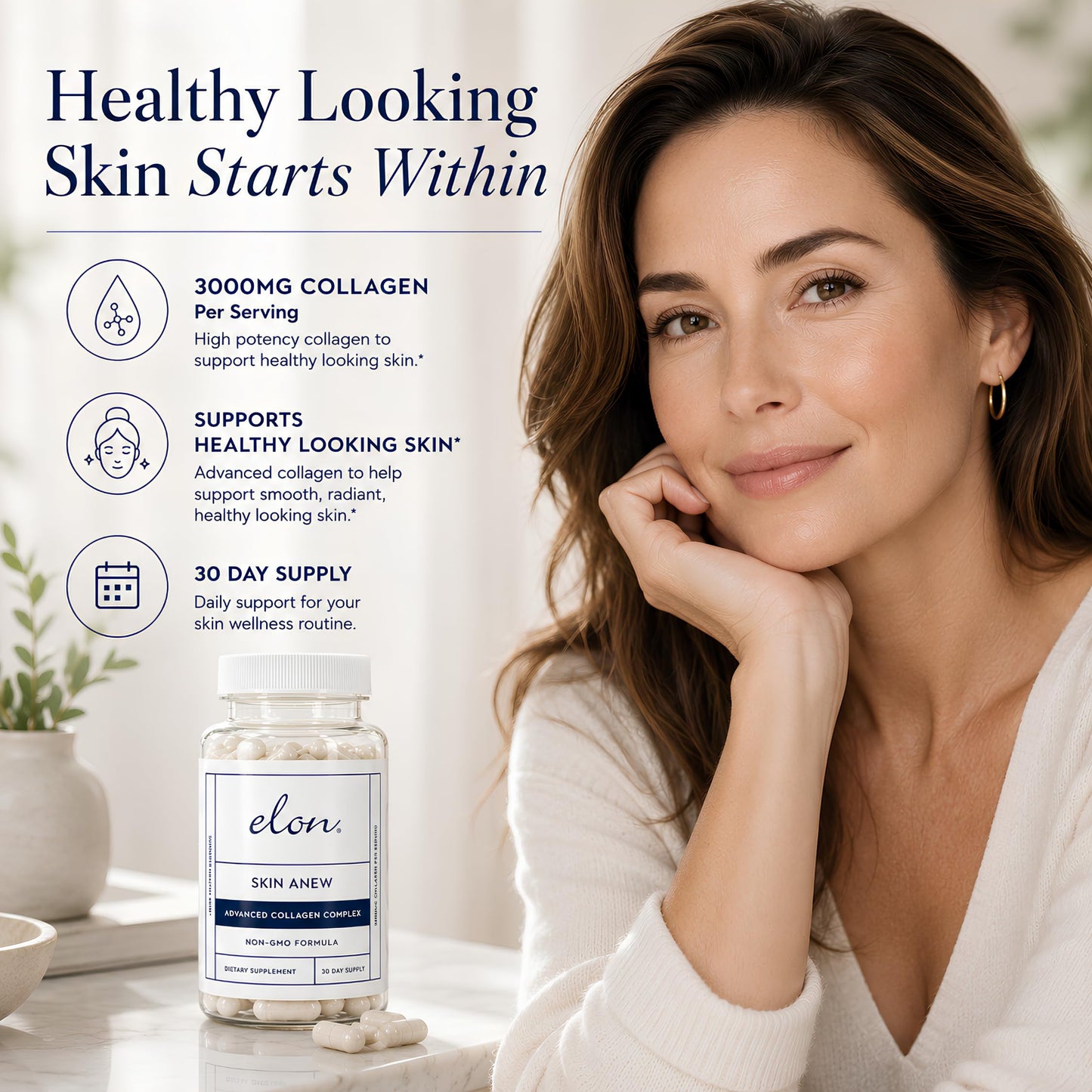Elon Skin Anew with Hydrolyzed Collagen 3000 mg per Serving Hydrating & Anti Aging Supplement for Vibrant Skin Health 120 Capsules