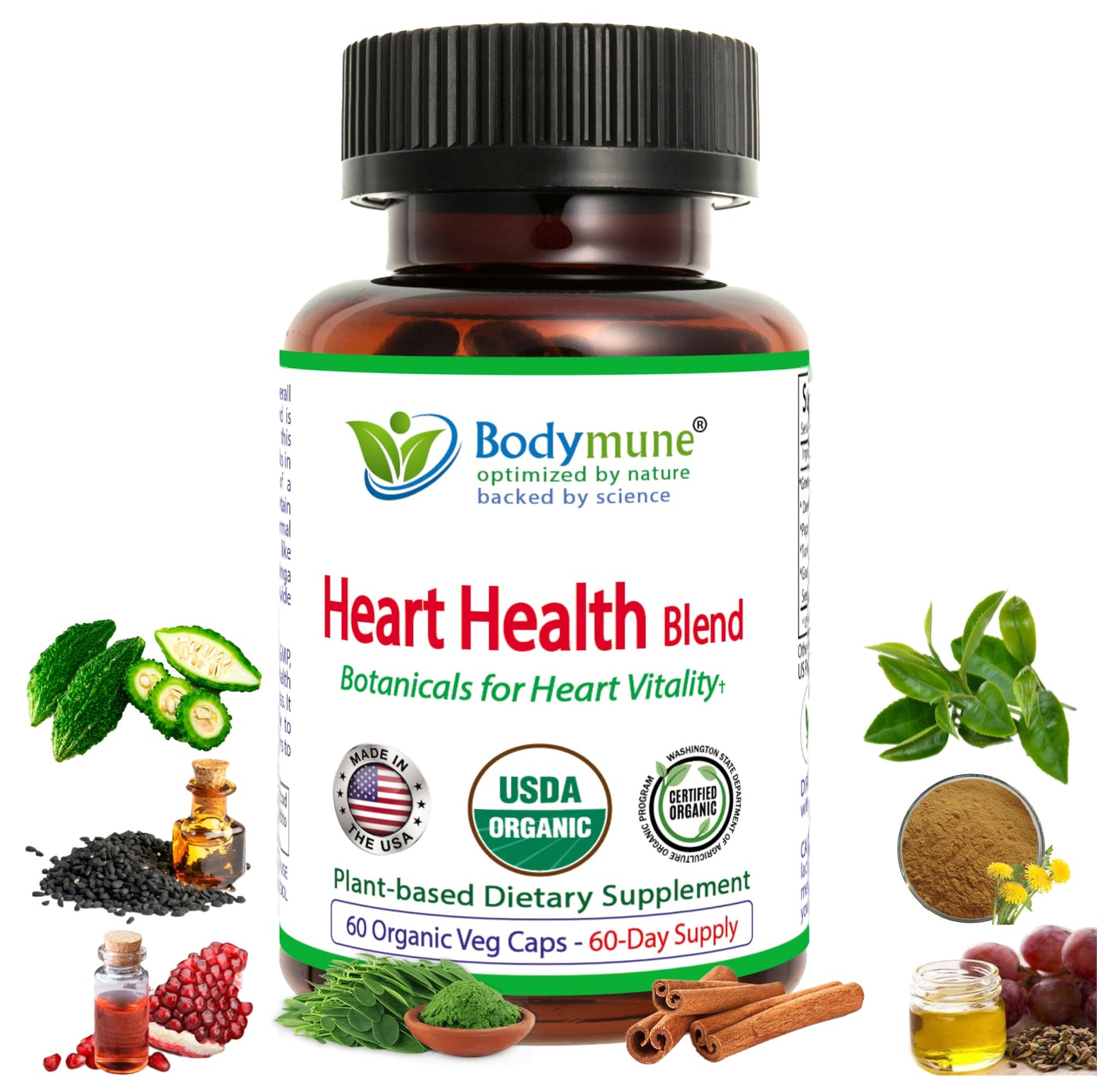 Bodymune Heart Health Blend Cholesterol Support – Organic Cardiovascular & Circulation Supplement – with Green Tea, Pomegranate & Black Seed Oil, 60 Capsules