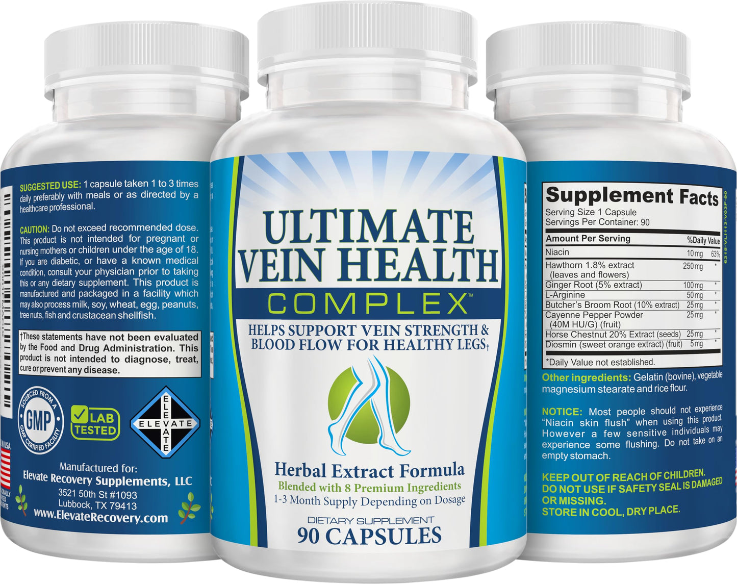 Elevate Recovery Supplements Leg + Vein Circulation Supplement 8-in-1 Formula Capsule, 90 Capsules