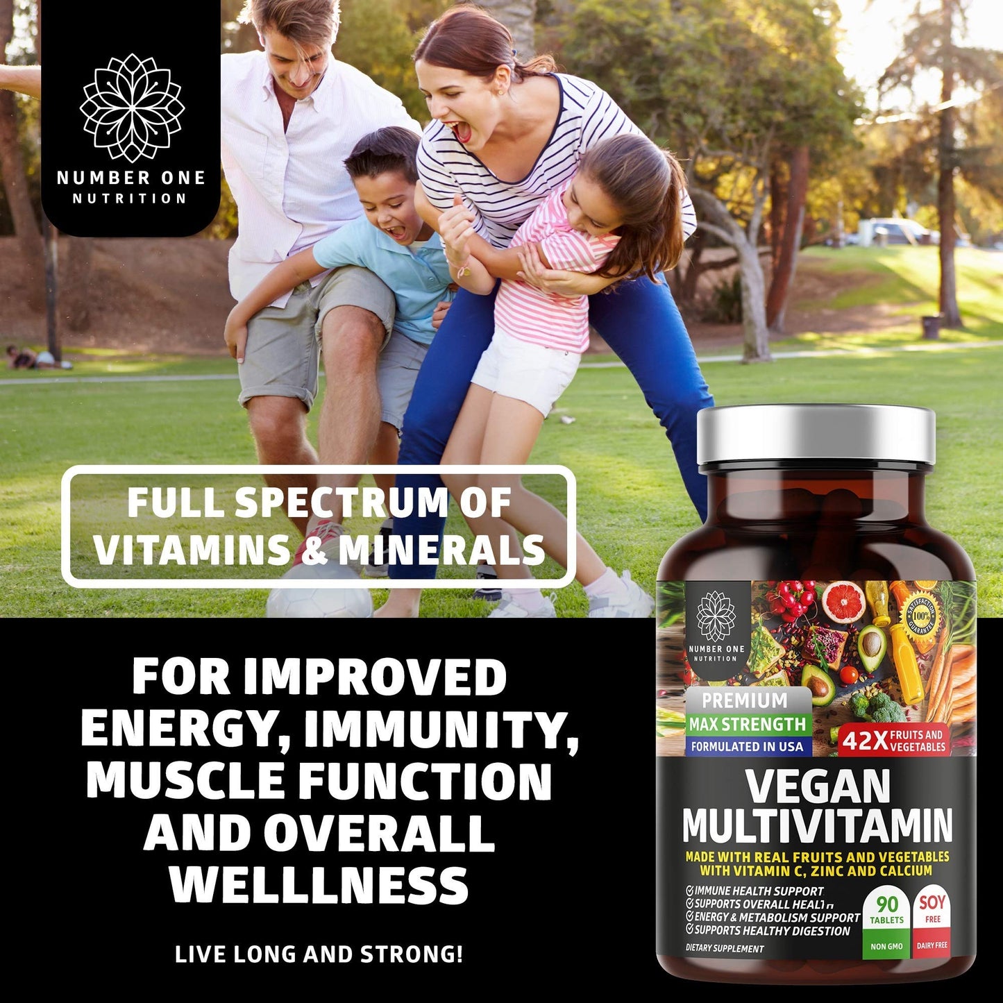 Number One Nutrition N1N Premium Plant Based Multivitamin [42 Powerful Ingredients] Men & Women Daily Multivitamins with Raw Veggies and Fruits, Probiotics, Alfalfa, Echinacea, Spirulina and Digestive Enzymes, 90 Tablets