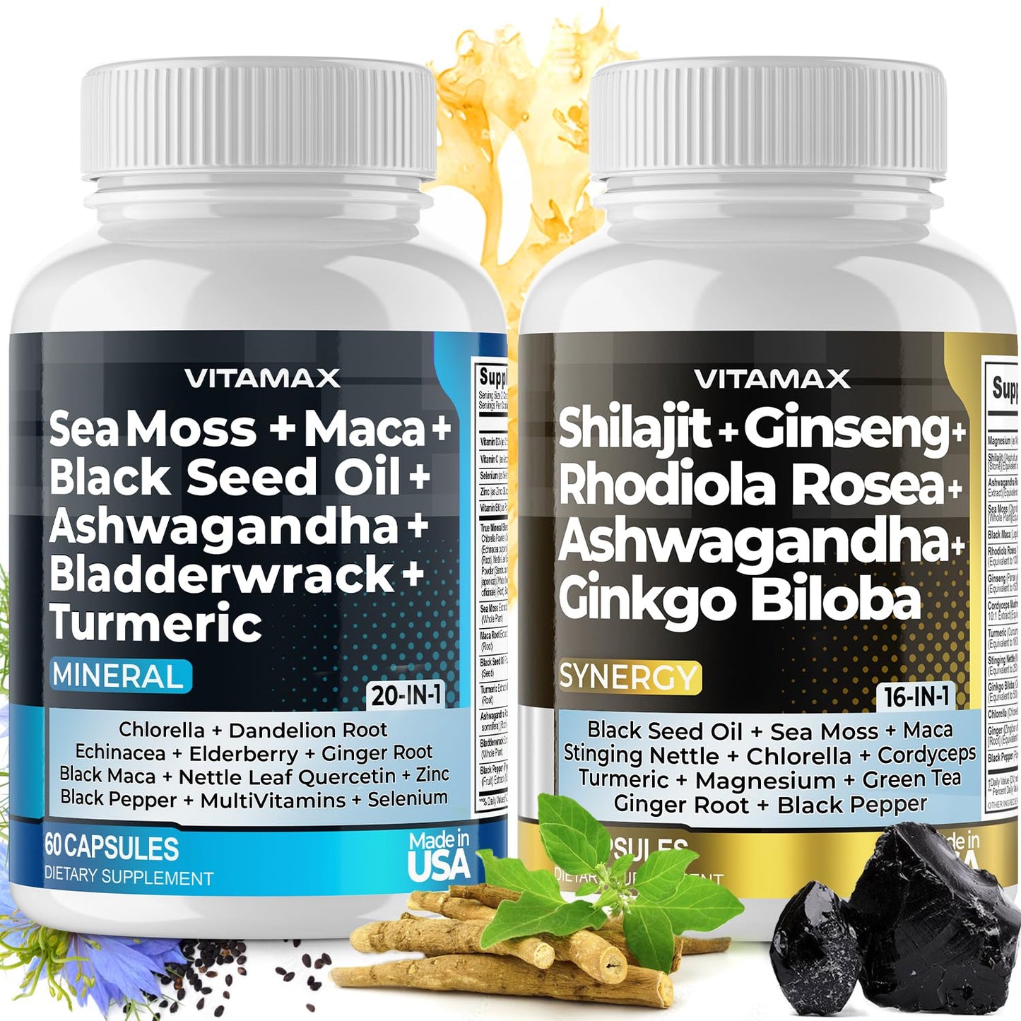 Vitamax Pure Himalayan Shilajit Supplement with Sea Moss, Ashwagandha, Bladderwrack, Ginkgo Biloba, Organic Capsules & Trace Minerals - Non-GMO - Vegan - Made in USA - 120 Capsules