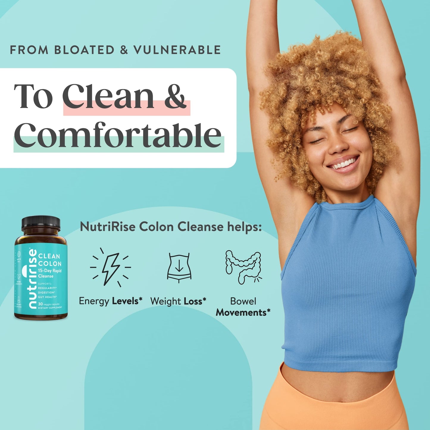 NutriRise 15 Day Quick Colon Cleanse for Gut Health Capsules, 30 Capsules