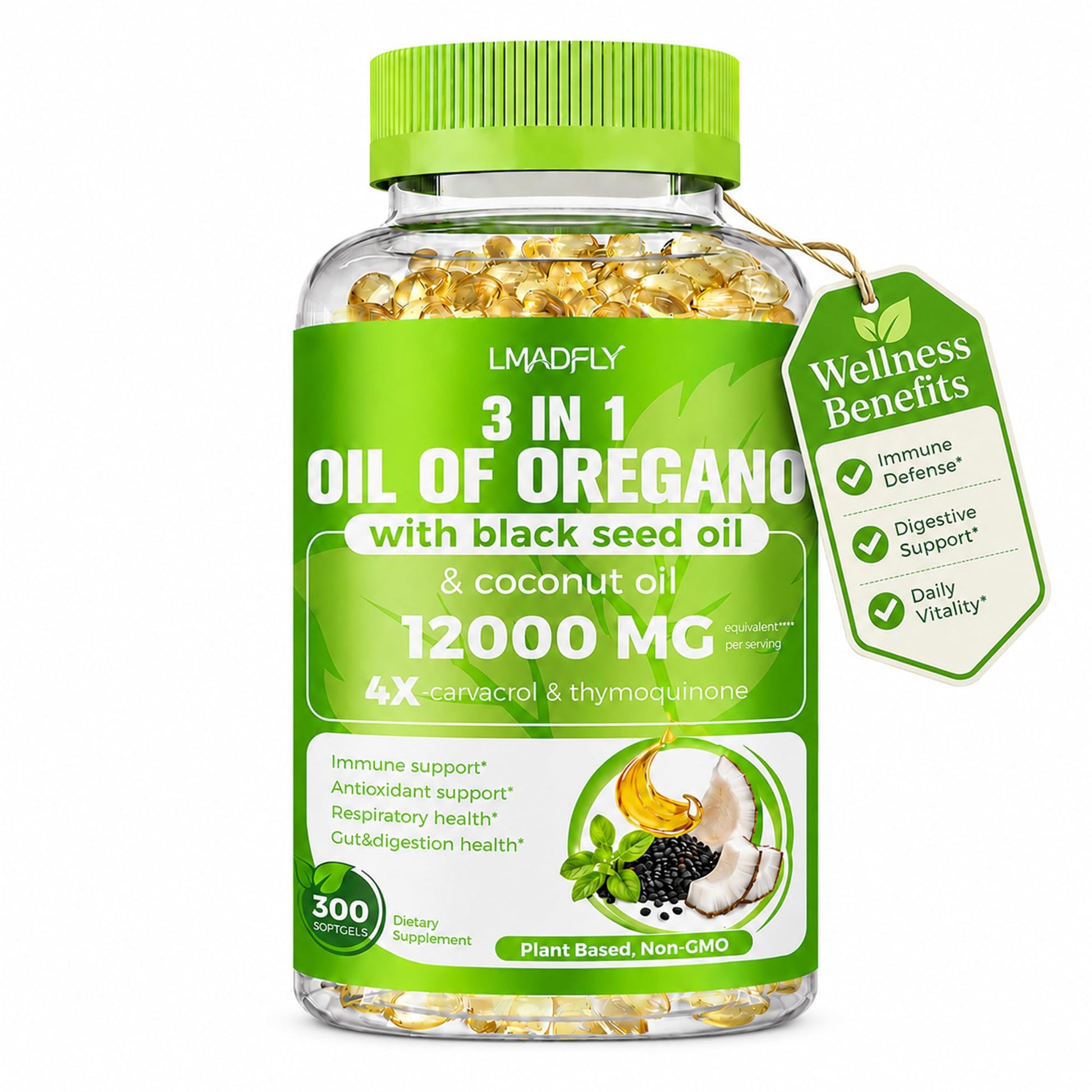 LMADFLY Oil of Oregano Softgels with Black Seed Oil & Coconut Oil, 3-in-1 Oregano Extract Supplement, Capsule, 300 Count