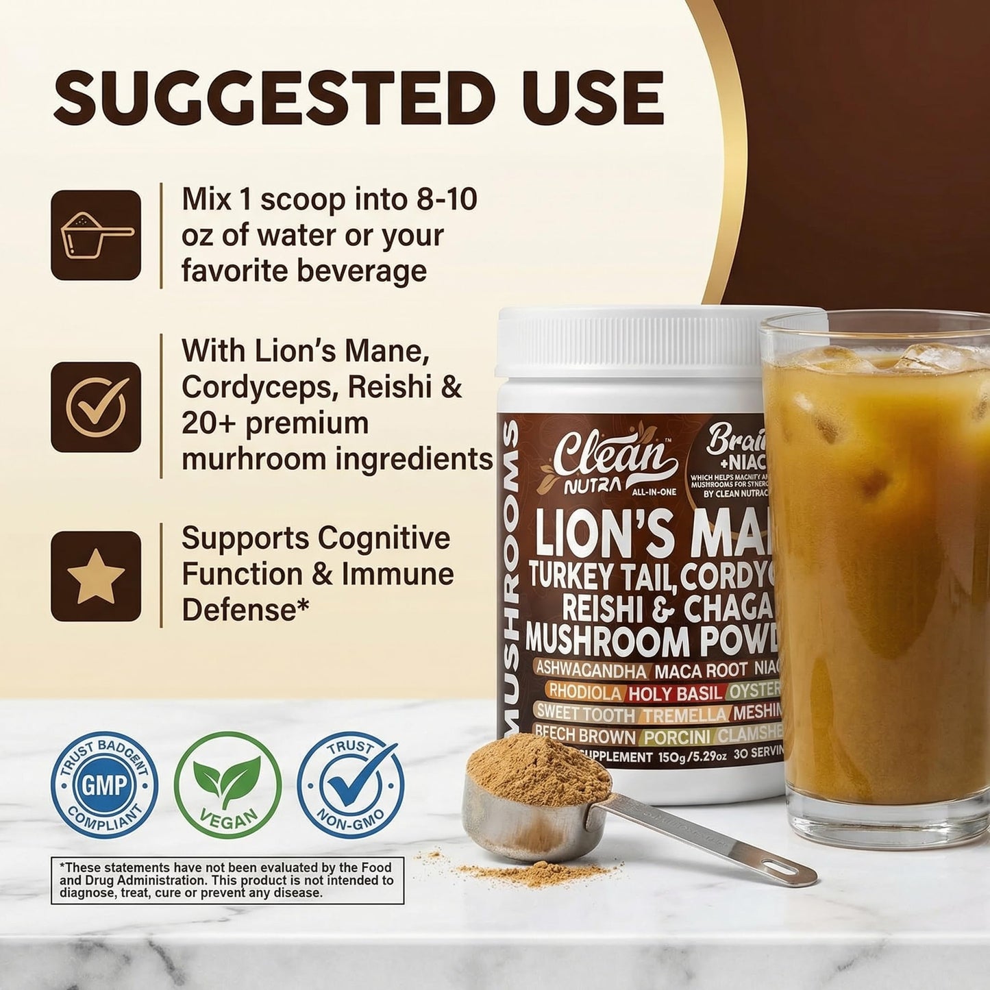 Clean Nutraceuticals Lion's Mane Turkey Tail Cordyceps Reishi Chaga Mushroom Powder 5.29 Ounce