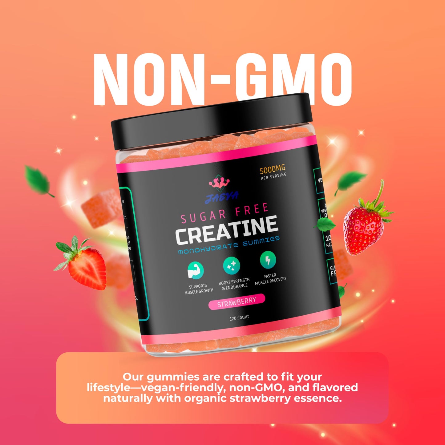 Jaeva Sugar Free Creatine Monohydrate Gummies 5g, Strawberry, 120 Gummies