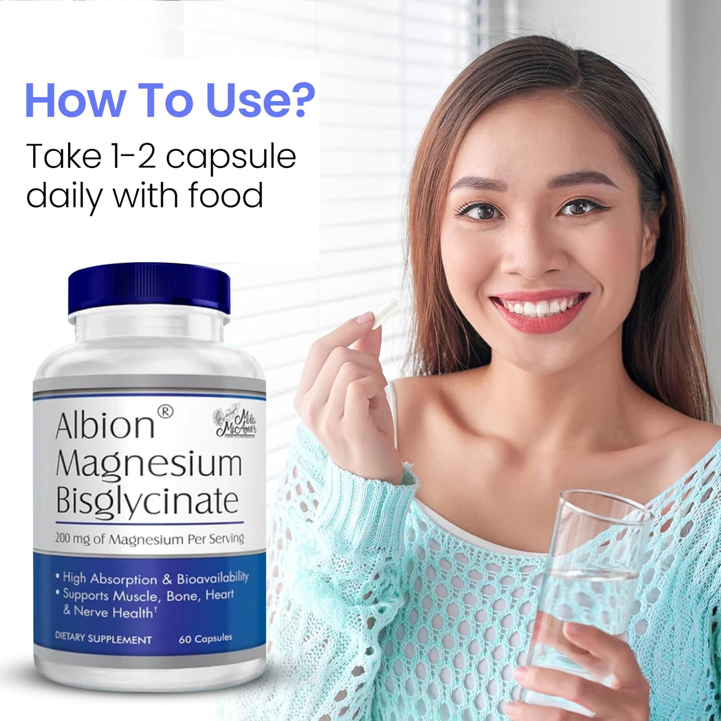 Mila Miamor Albion Magnesium Bisglycinate Capsules, 60 Capsules