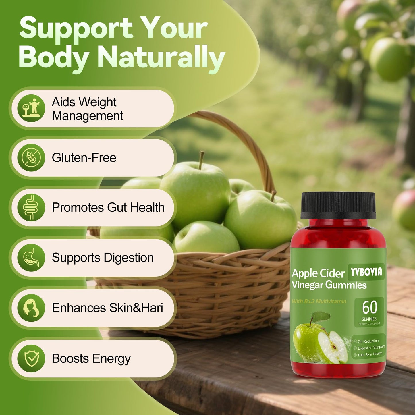 Yvbovia Apple Cider Vinegar Gummies with B12, Gluten Free, Vegan, Non-GMO, 120 Gummies