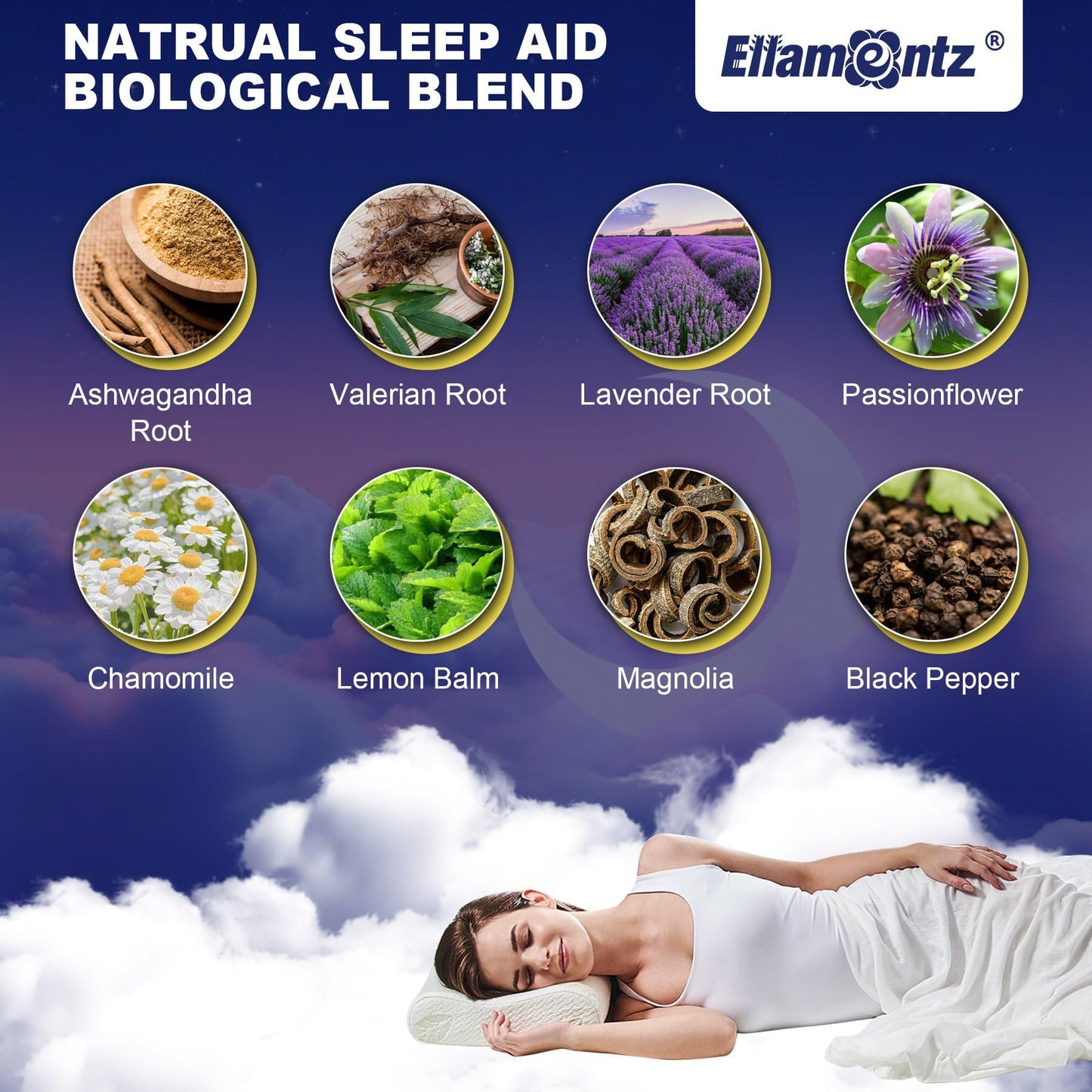 ELLAMENTZ Sleep Gummies No Melatonin with Magnesium Glycinate, L-Tryptophan, L-Theanine, GABA, Ashwagandha & Valerian, Sugar Free, 120 Gummies