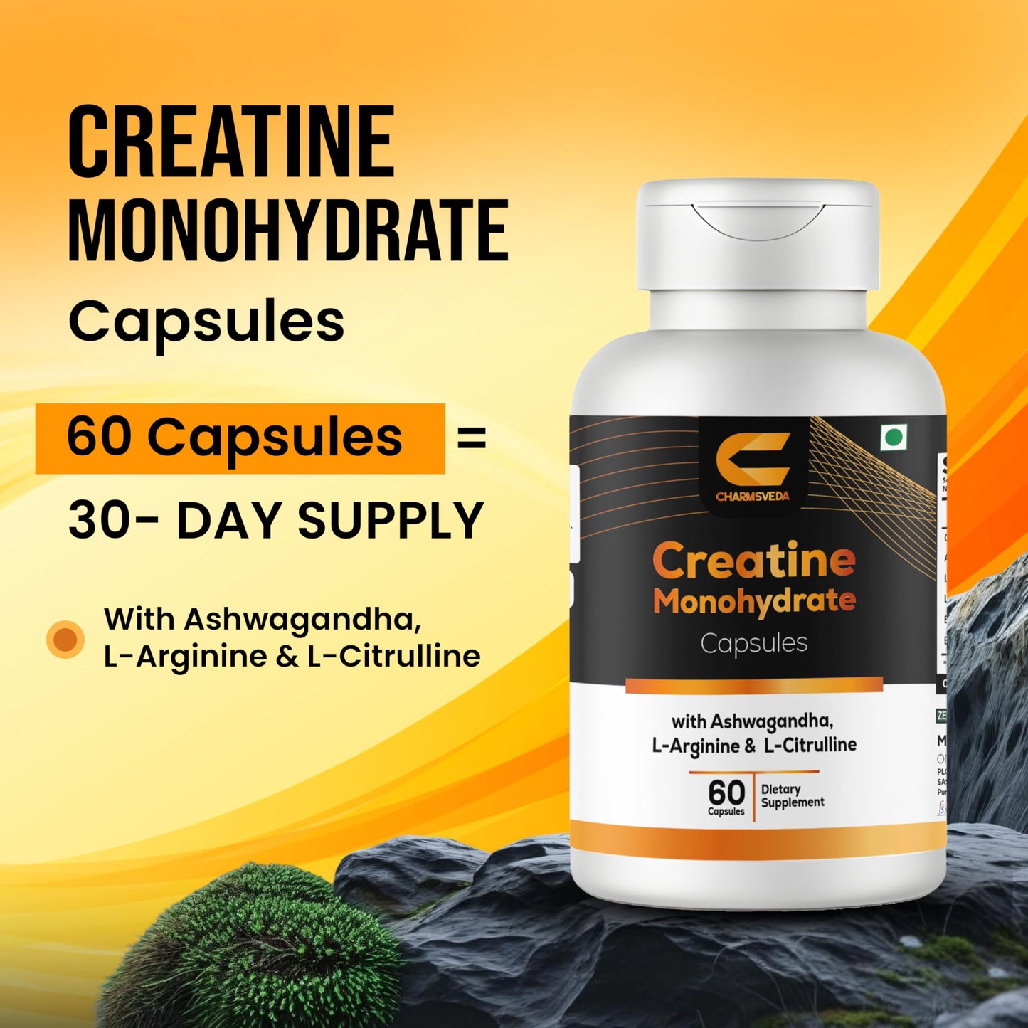 CHARMSVEDA Creatine Monohydrate with Ashwagandha, L-Arginine & L-Citrulline, 60 Capsules