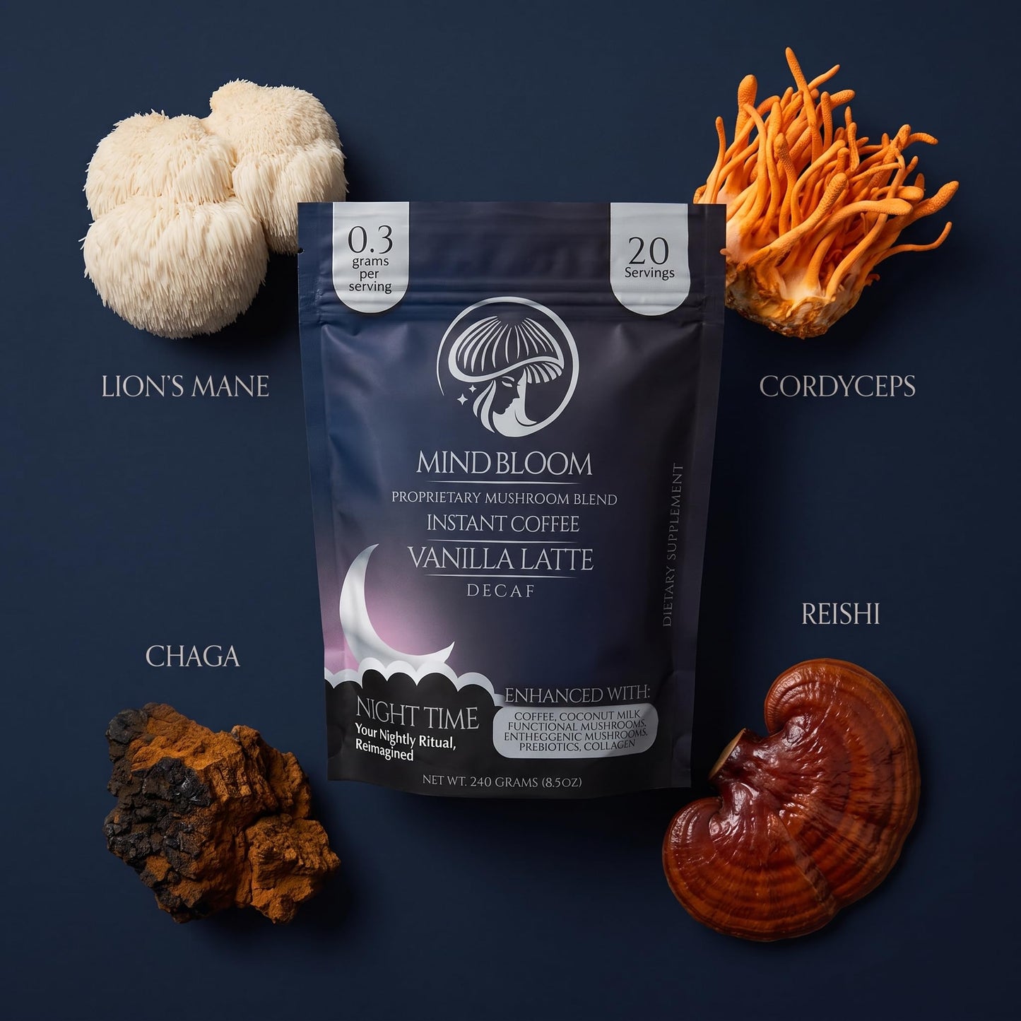 Mind Bloom Night Time Vanilla Latte Instant Coffee Decaf Proprietary Mushroom Blend Powder 8.5 Ounce