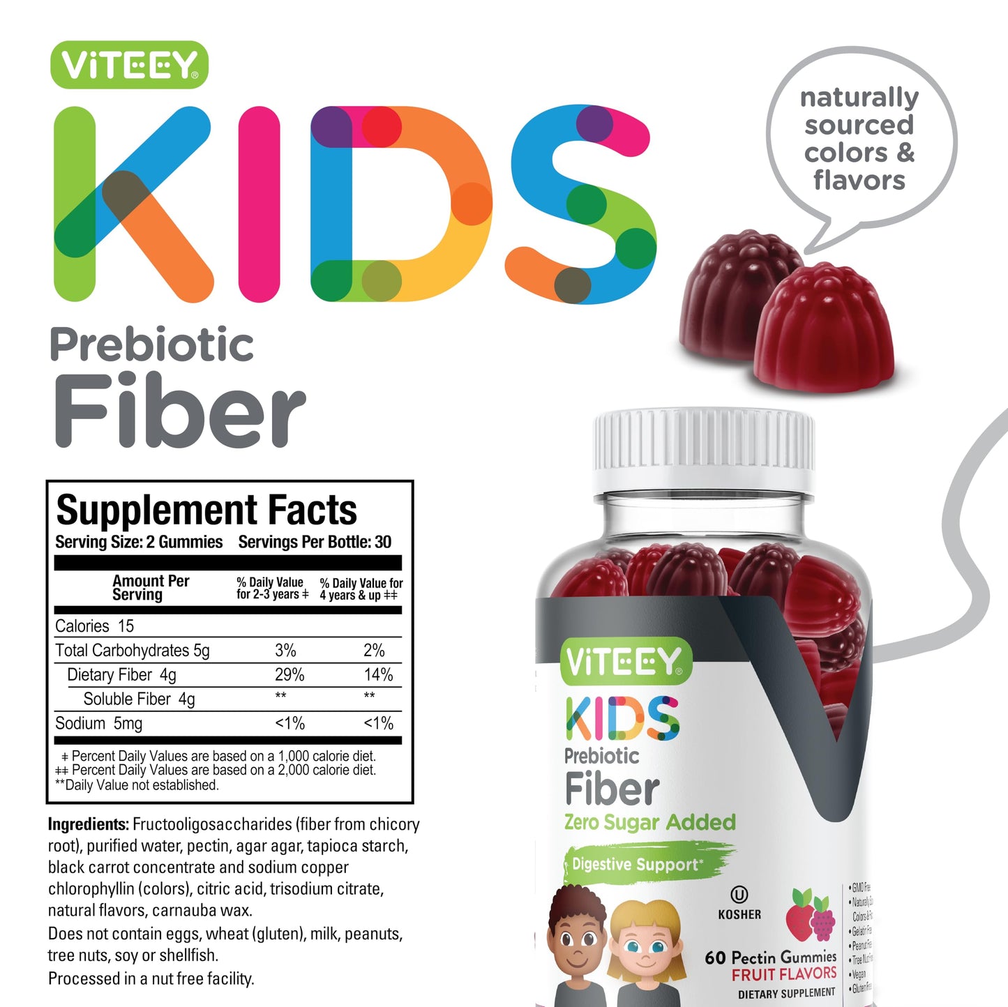 Viteey Prebiotic Kids Fiber for Constipation Relief, Digestive Health Regularity Support, Natural Weight Support, Gummy 60 Count