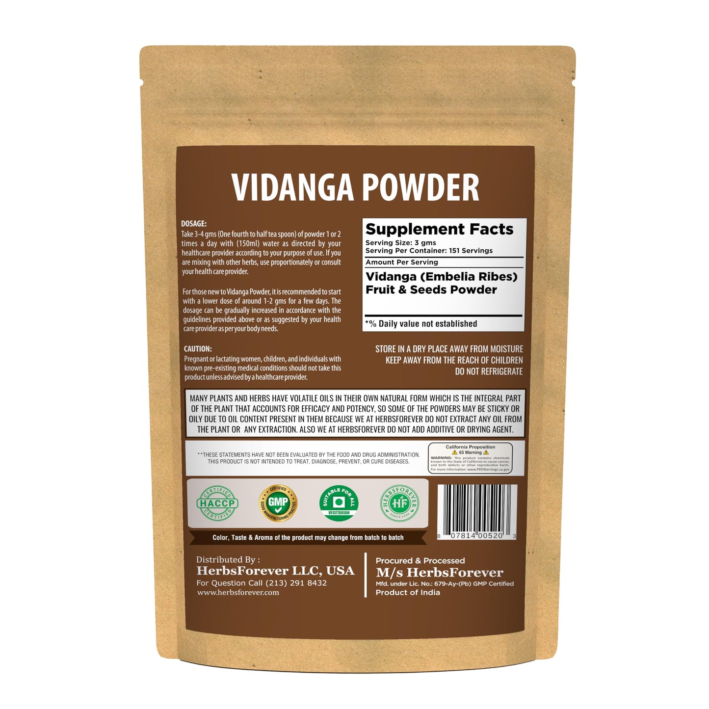 Herbsforever Vidanga Embelia Ribes Powder, 16 oz