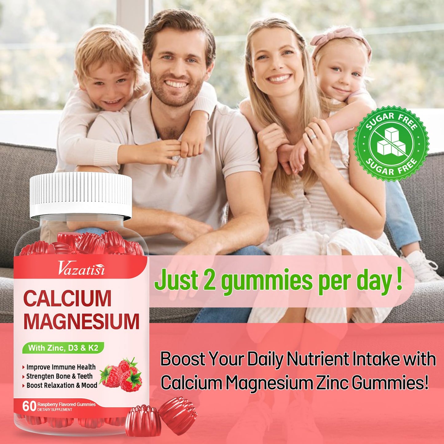 Vazatisi Calcium Magnesium Zinc Gummies with Vitamin D3 & K2, 60 Count