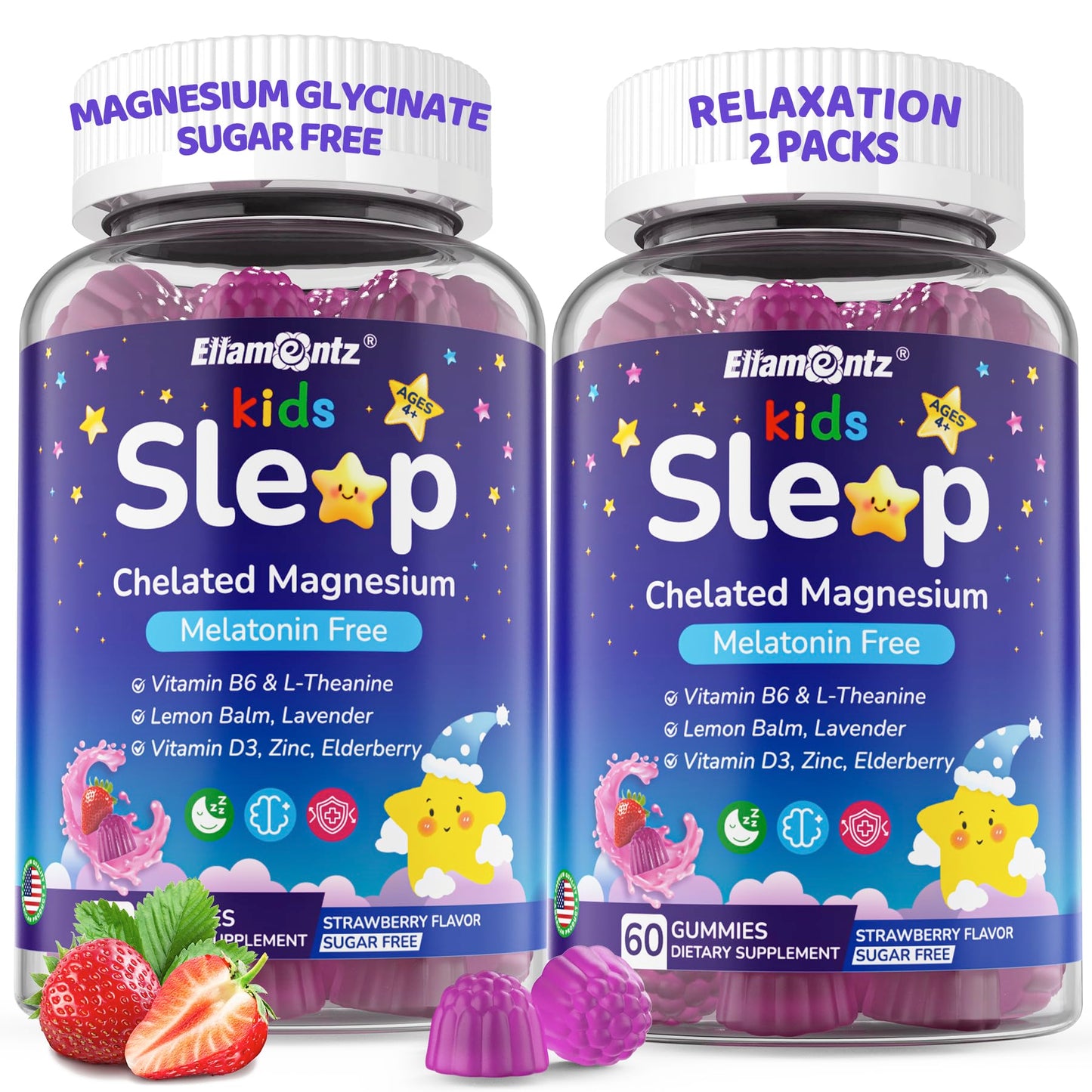 ELLAMENTZ Kids Sleep Gummies No Melatonin Sleep Aid with Magnesium Glycinate, Magnesium Malate, L-Theanine, Lavender, B6, Zinc, D3K2, Restful Sleep and Immune Support, Non-GMO, 120 Gummies