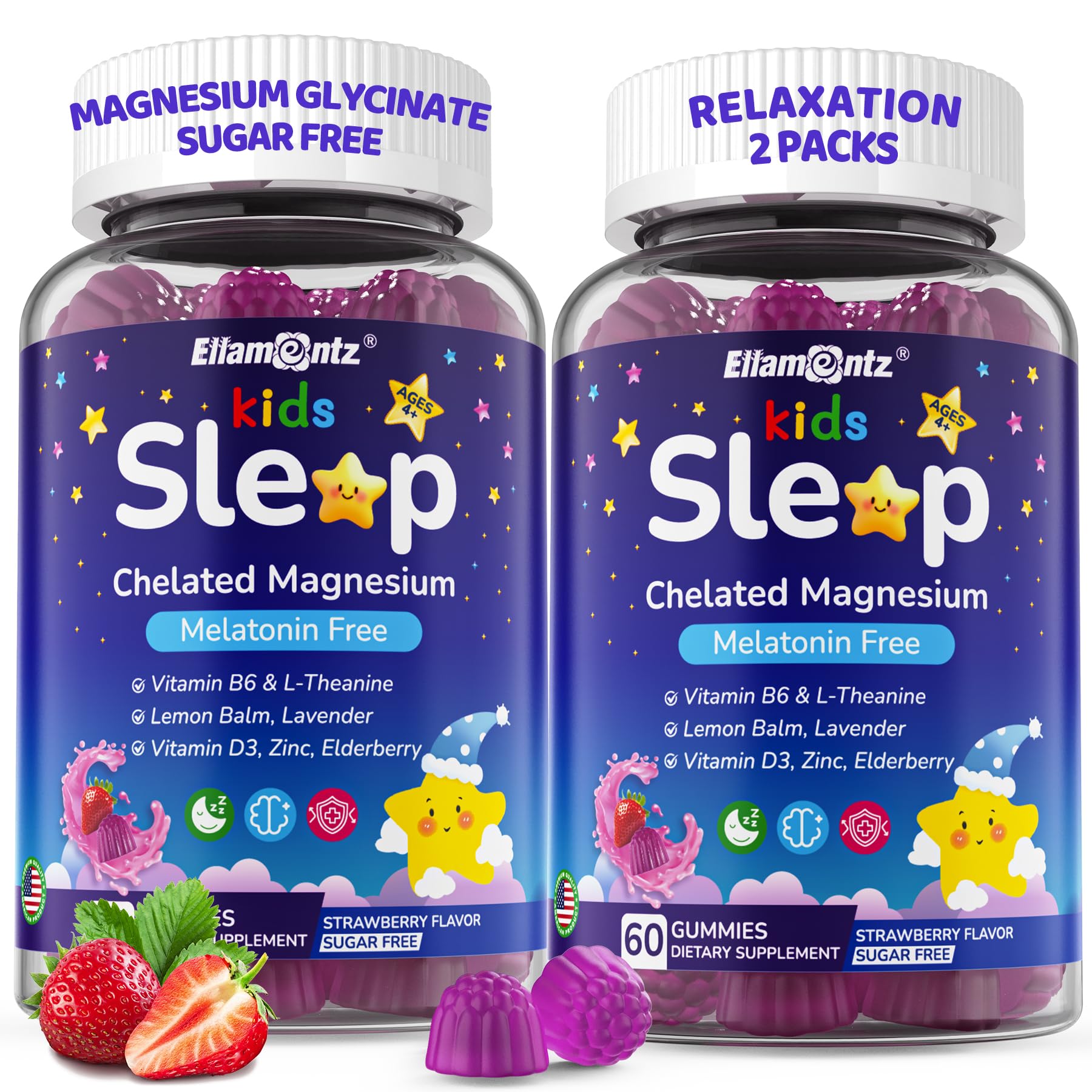 ELLAMENTZ Kids Sleep Gummies No Melatonin Sleep Aid with Magnesium Glycinate, Magnesium Malate, L-Theanine, Lavender, B6, Zinc, D3K2, Restful Sleep and Immune Support, Non-GMO, 120 Gummies