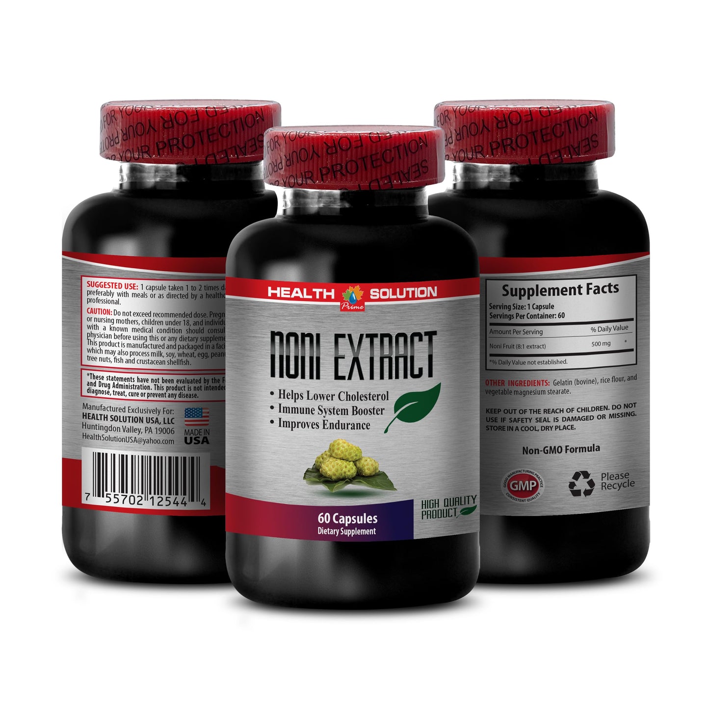 Health Solution Prime Organic Noni Leaf Extract 8:1 Concentrate 500mg Capsule, 180 Capsules