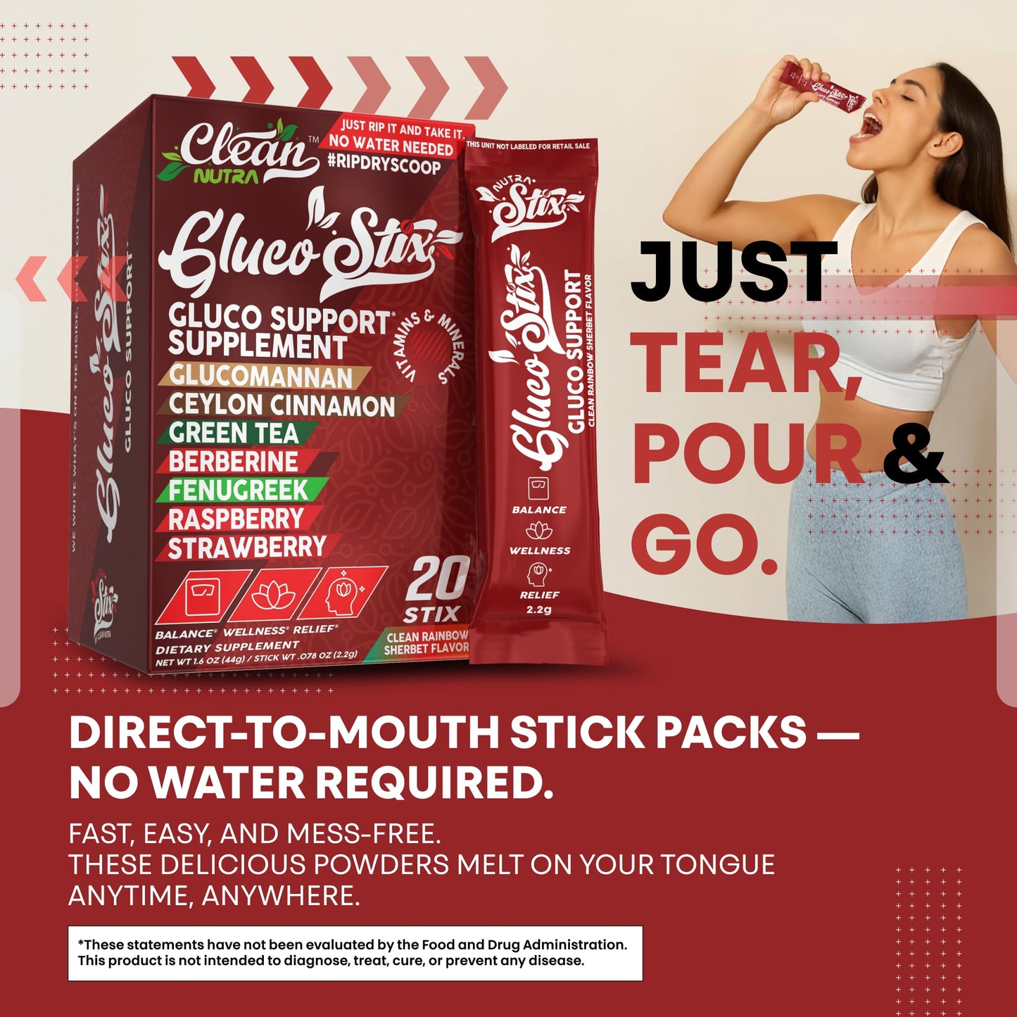 Clean Nutraceuticals Rainbow Sherbet Powder Sticks – Ceylon Cinnamon Powder, Green Tea Extract, Glucomannan, Berberine, Chromium Picolinate, Apple Cider Vinegar, 2 Count