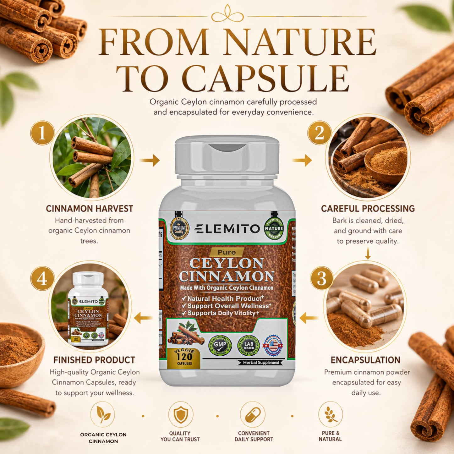 ELEMITO Organic Ceylon Cinnamon Capsules 120 Count