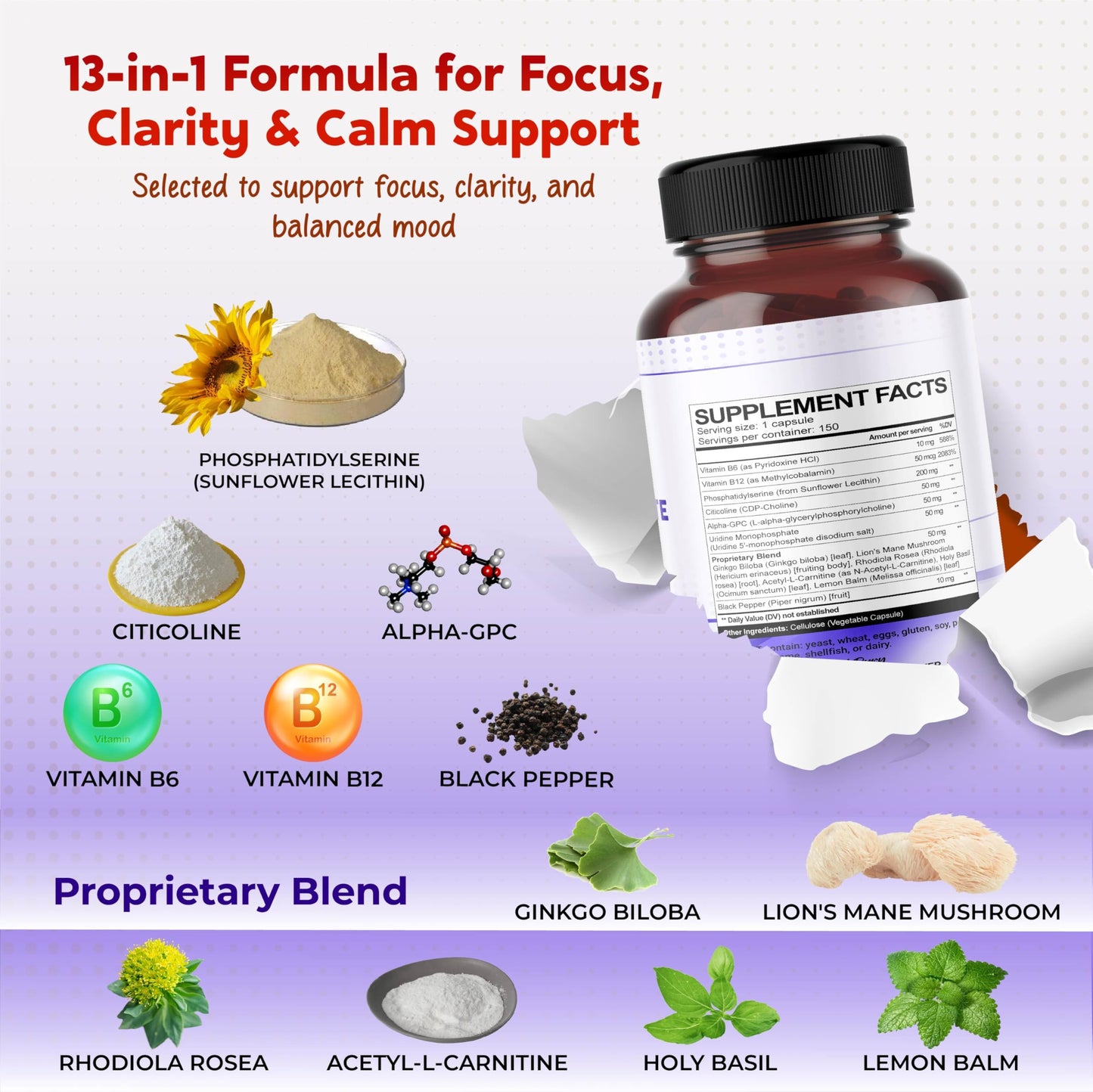 PEAKPURY All-in-1 Phosphatidylserine, Citicoline, Alpha-GPC & Uridine Supplement Capsules, 150 Count