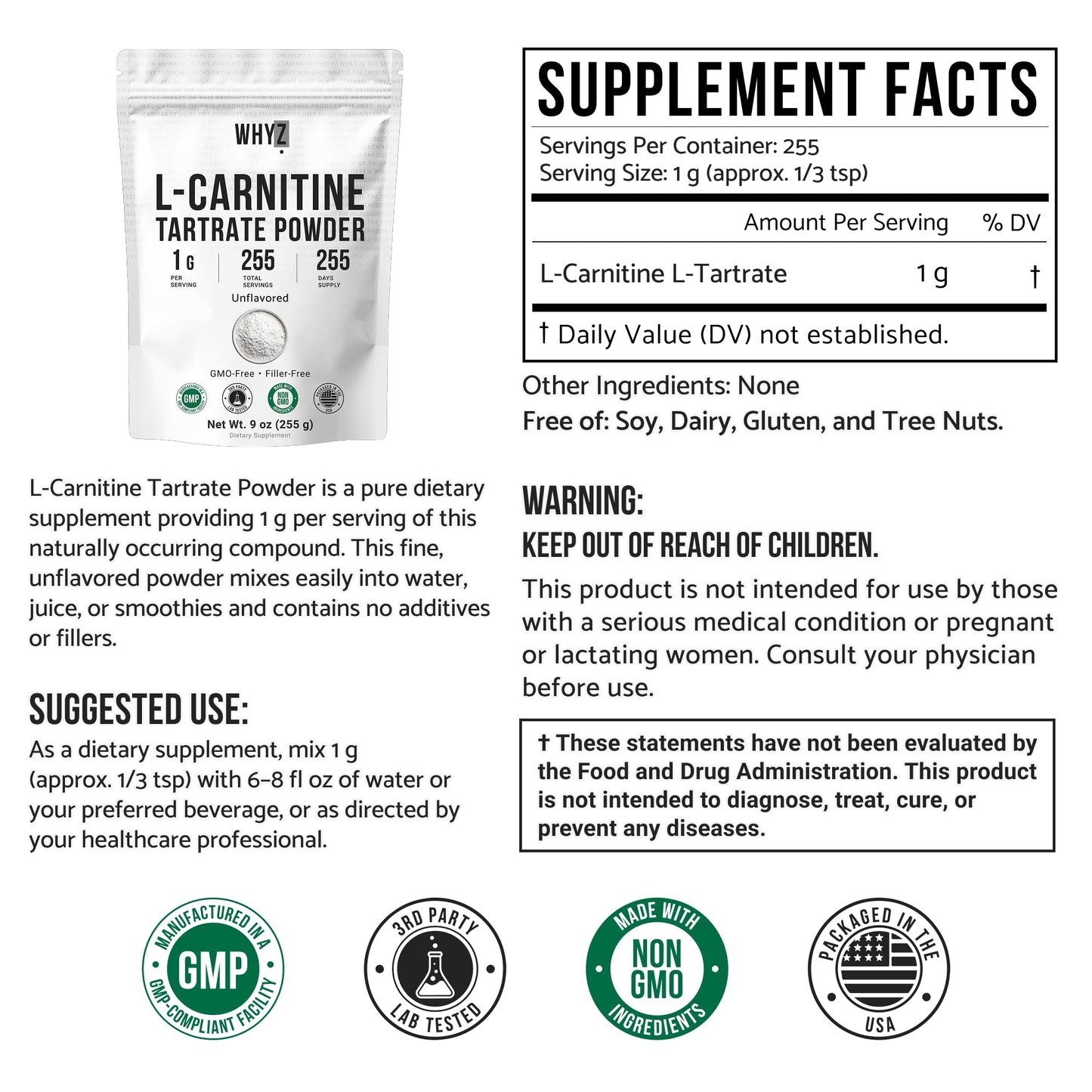 WHYZ L-Carnitine Tartrate Powder 17.6 oz