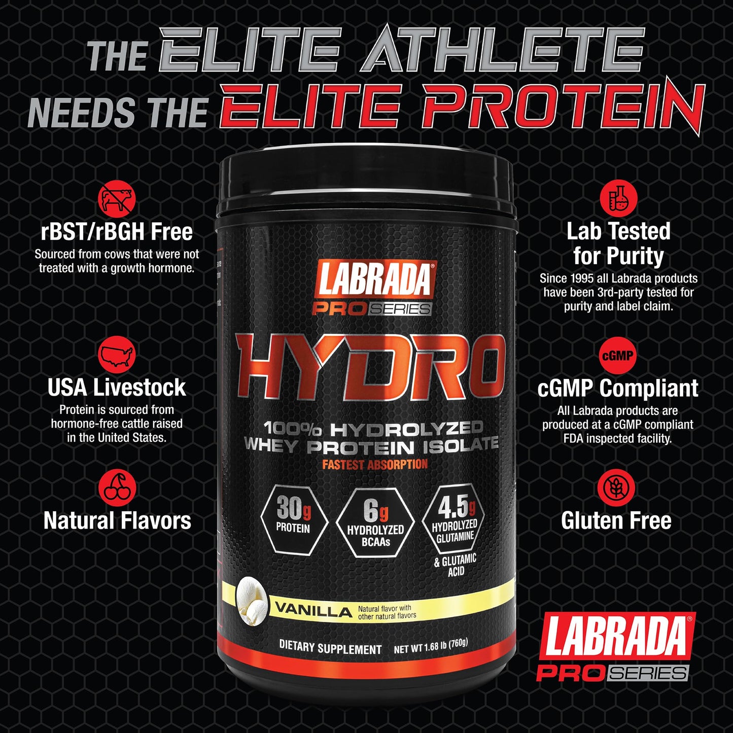 Labrada Hydro 100% Pure Hydrolyzed Whey Protein Isolate Powder, Vanilla, 1.68 lb