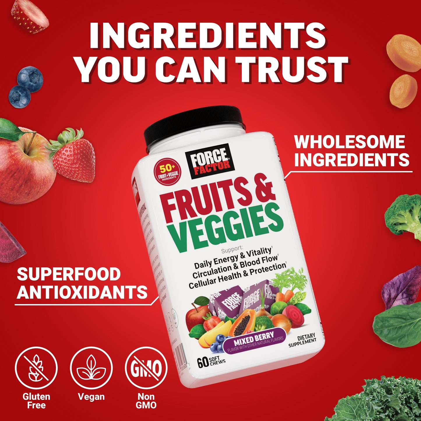 Force Factor Fruits & Veggies Supplement for Adults Chewable 60 Count