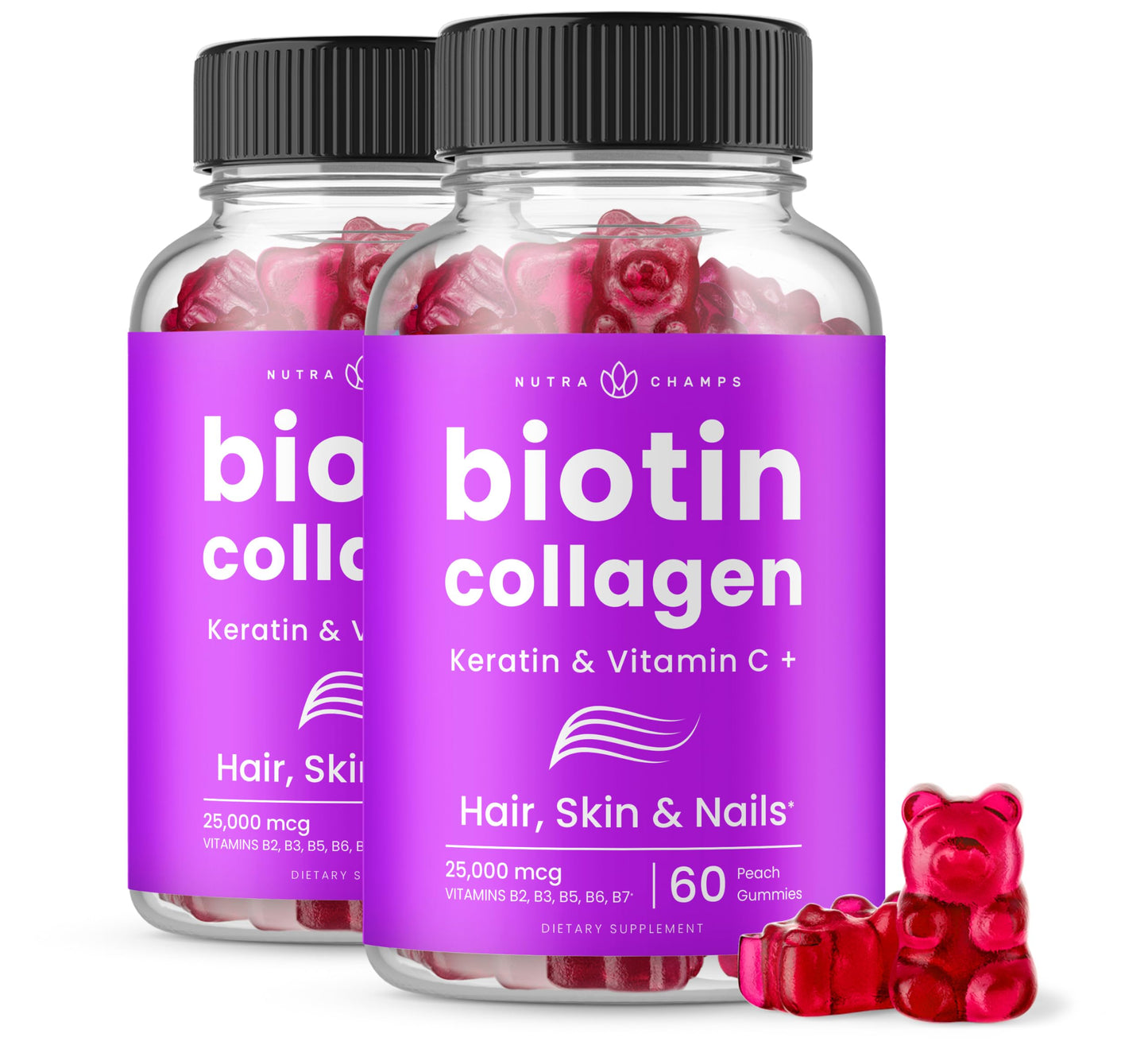 NutraChamps Biotin Gummies 10,000mcg with Collagen, Keratin & More – Hair Skin and Nails Vitamins for Women & Men – Support Normal Hair Growth Cycle - Enhanced with Vitamin C, D3, Zinc, 120 Gummies