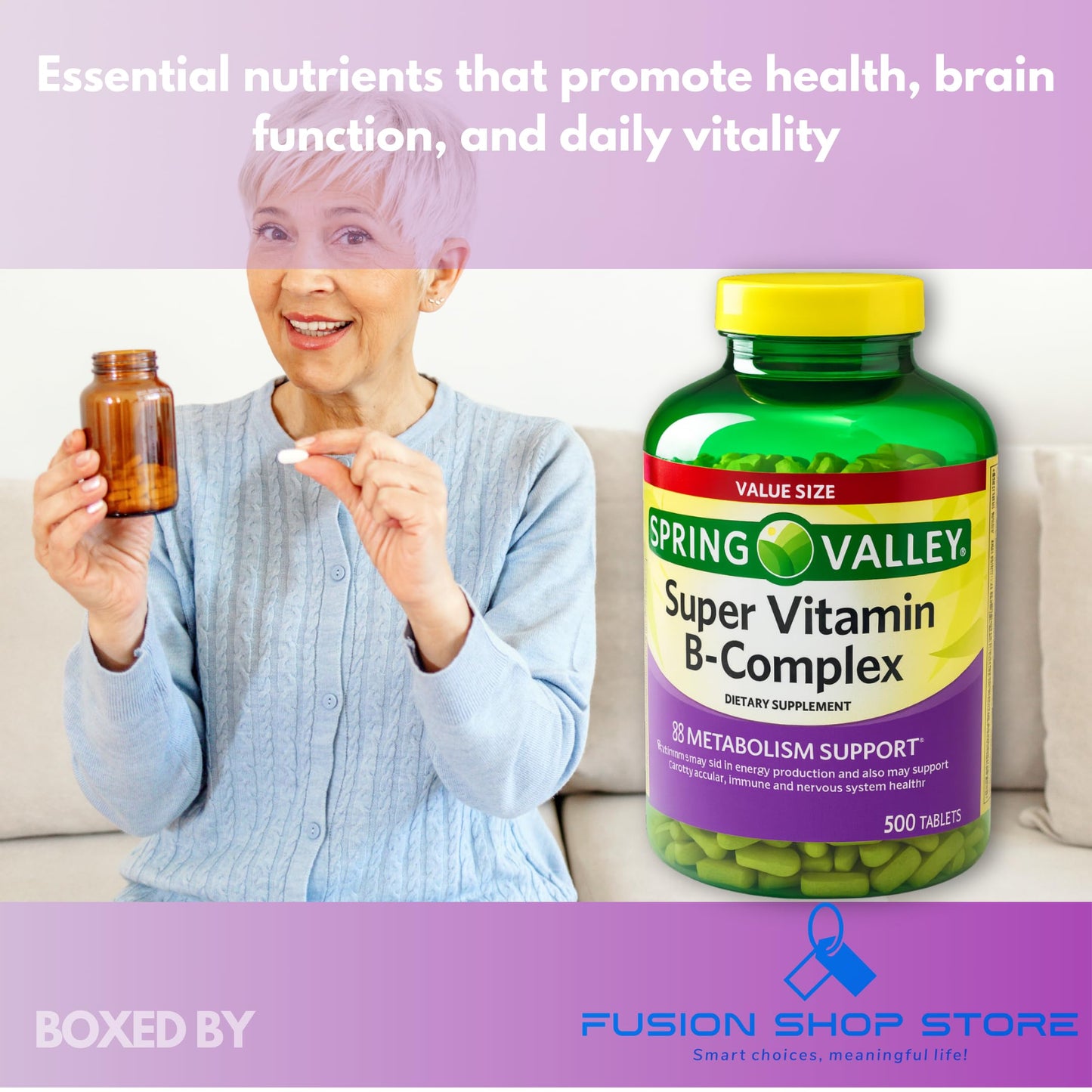 FUSION SHOP STORE Super Vitamin B Complex with B6 B12 C Tablets, 500 Count