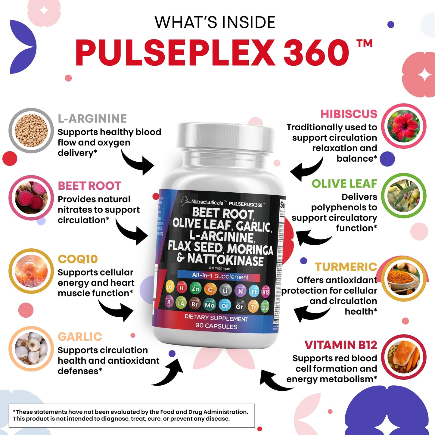 Clean Nutraceuticals Beet Root Capsule Blend with Olive Leaf Nattokinase Garlic Extract L-Arginine Omega-3 Red Yeast Rice Hibiscus Danshen - Healthy Support Supplement - 90 Capsules