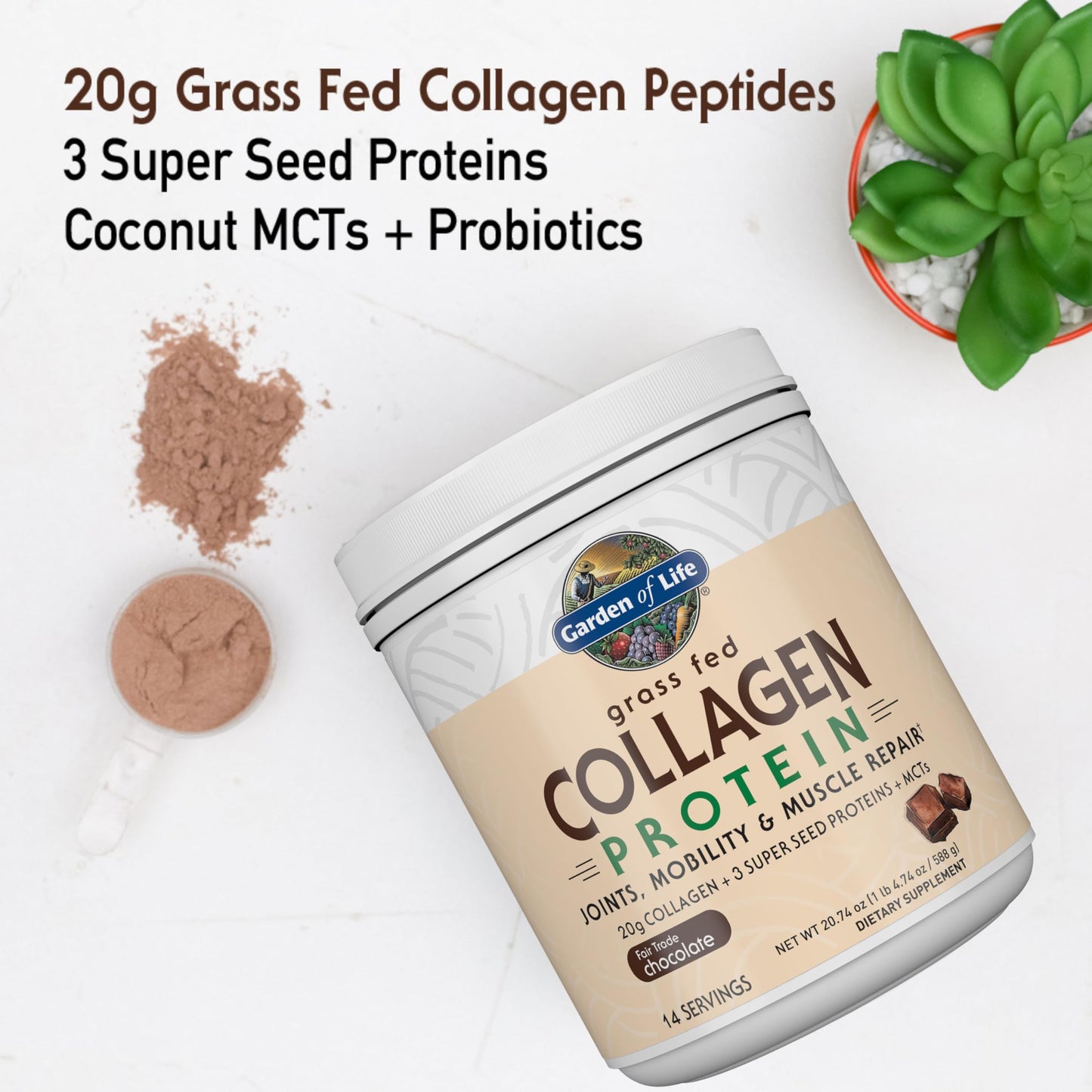 Garden of Life Grass Fed Collagen Protein Powder Chocolate, 14 Servings
