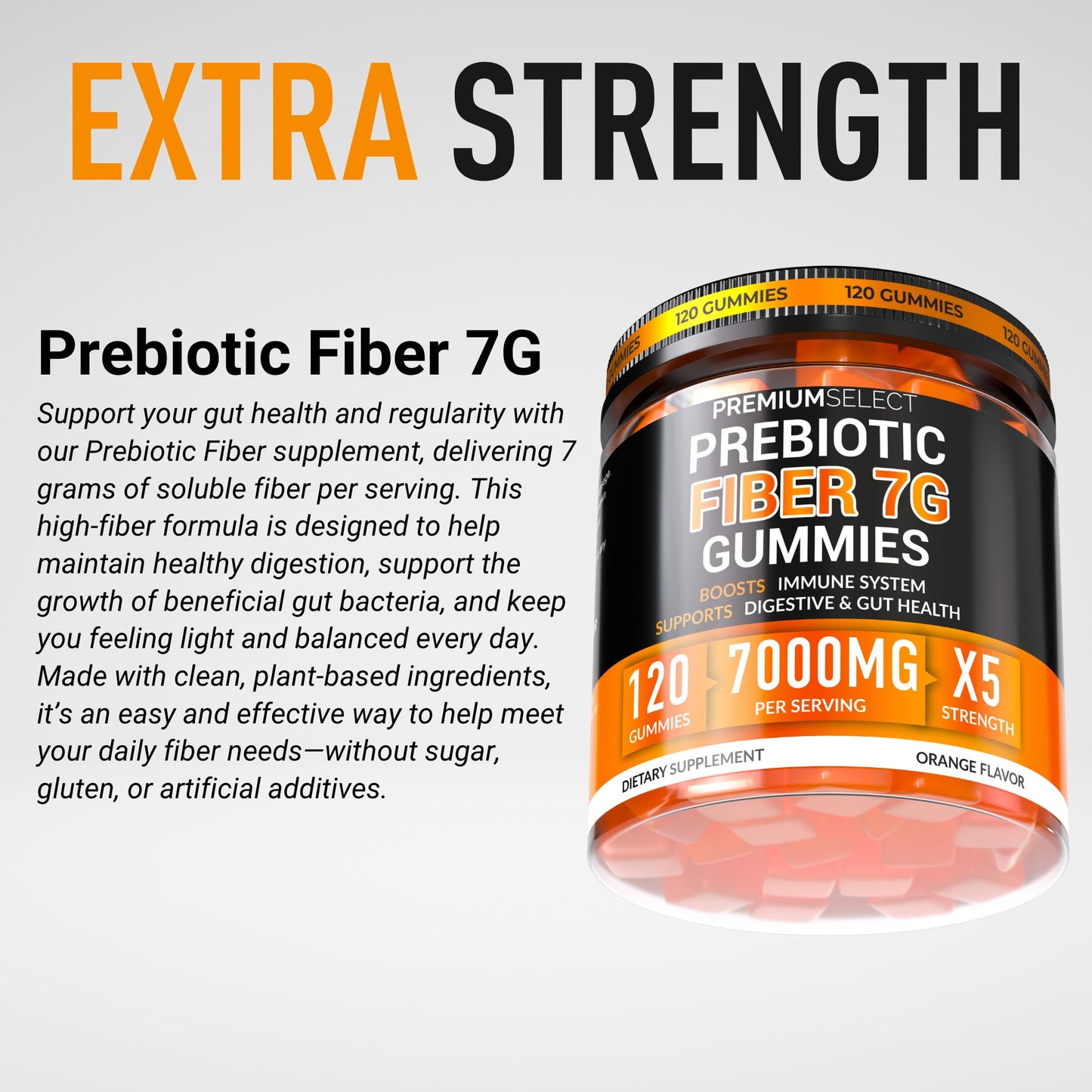 Premium Select Nutrition Fiber Gummies for Adults Sugar Free – 7g Daily Fiber with Prebiotics – Extra Strength Gummy Supplement, 120 Gummies