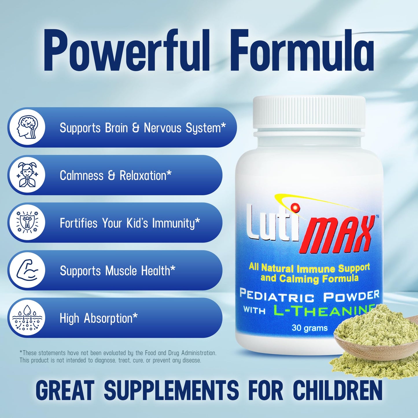 Luti Lutimax Pediatric Powder Brain Supplement with Luteolin, Rutin & L-Theanine - Kids Memory, Focus, Muscle & Immune Support Brain Supplement - Nootropic Antioxidants for Brain Health Support 1.1 Ounce