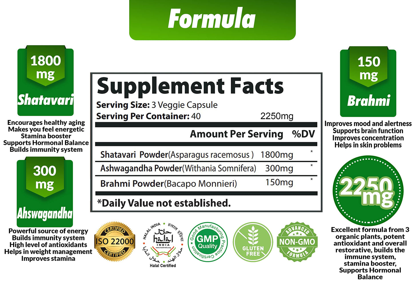 Cona Nature Organic Shatavari Powder Capsules 2250mg with Ashwagandha, Brahmi Extract, 120 Capsules