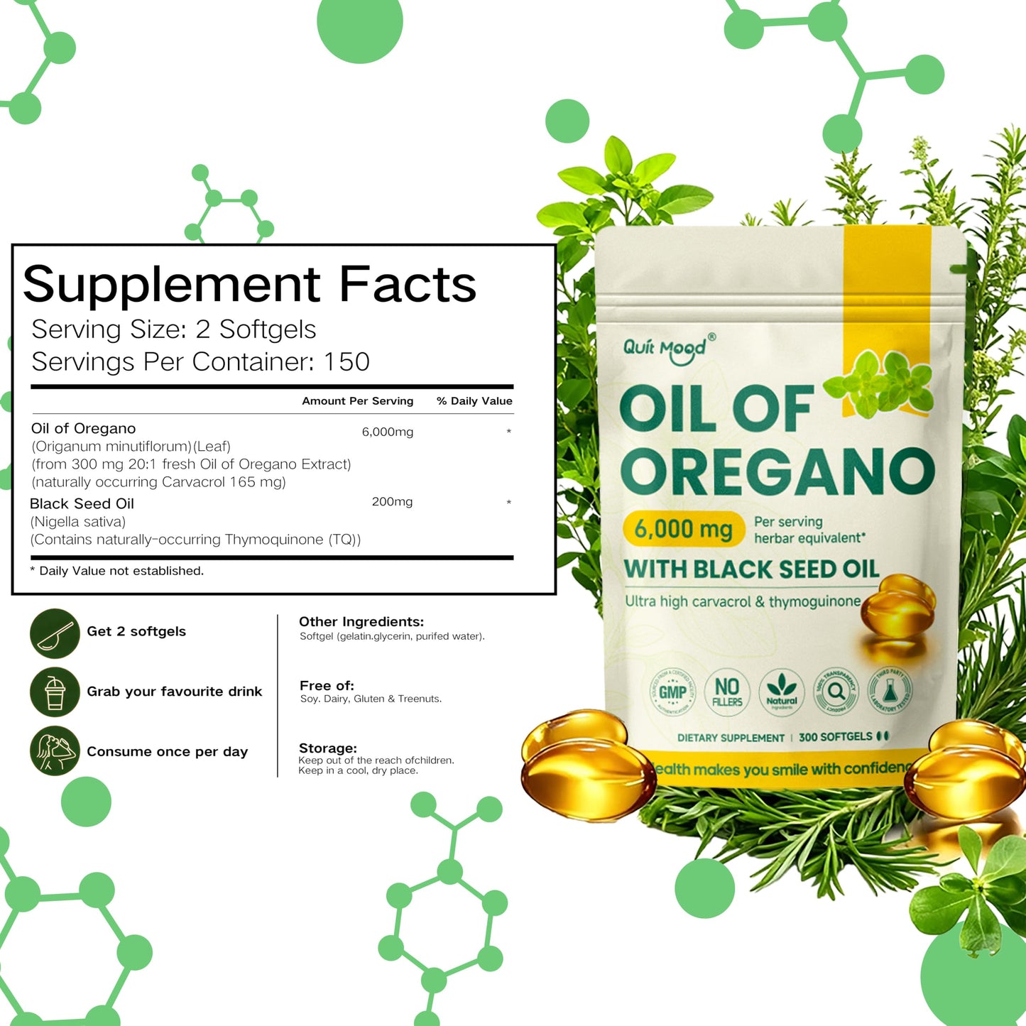 Quit mood Oil of Oregano with Black Seed Oil Softgels, 300 Count